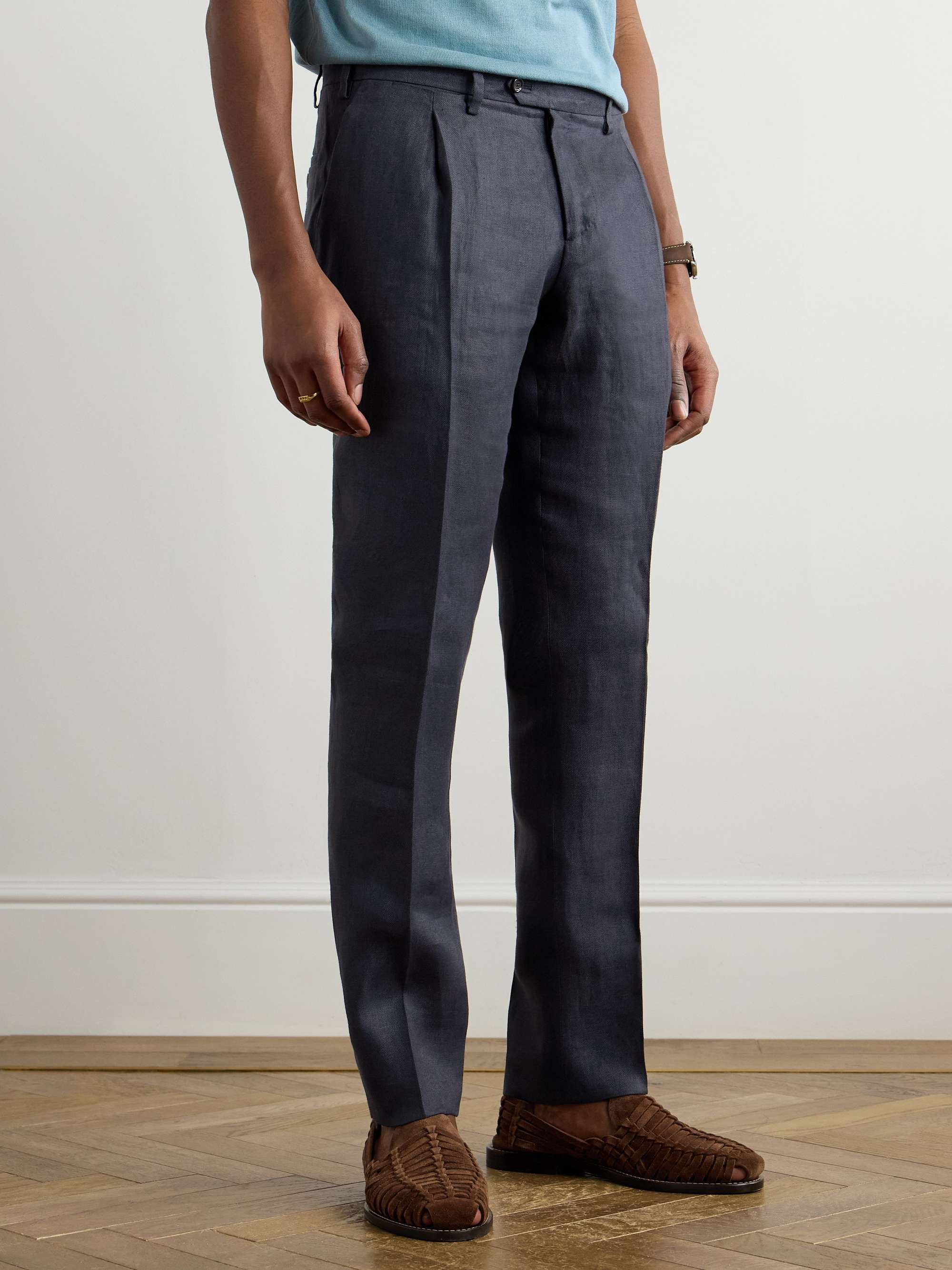 Soho Straight-Leg Pleated Linen-Twill Suit Trousers view