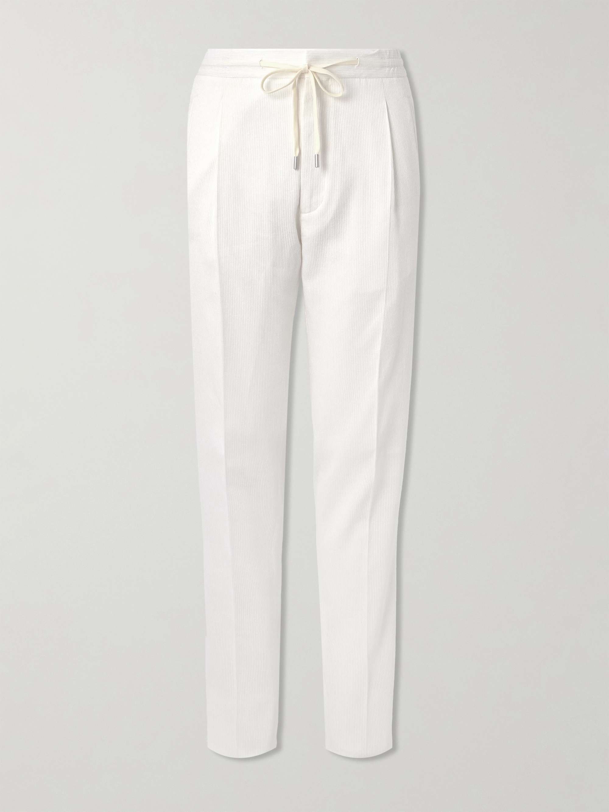 Straight-Leg Pleated Cotton-Blend Seersucker Drawstring Trousers view
