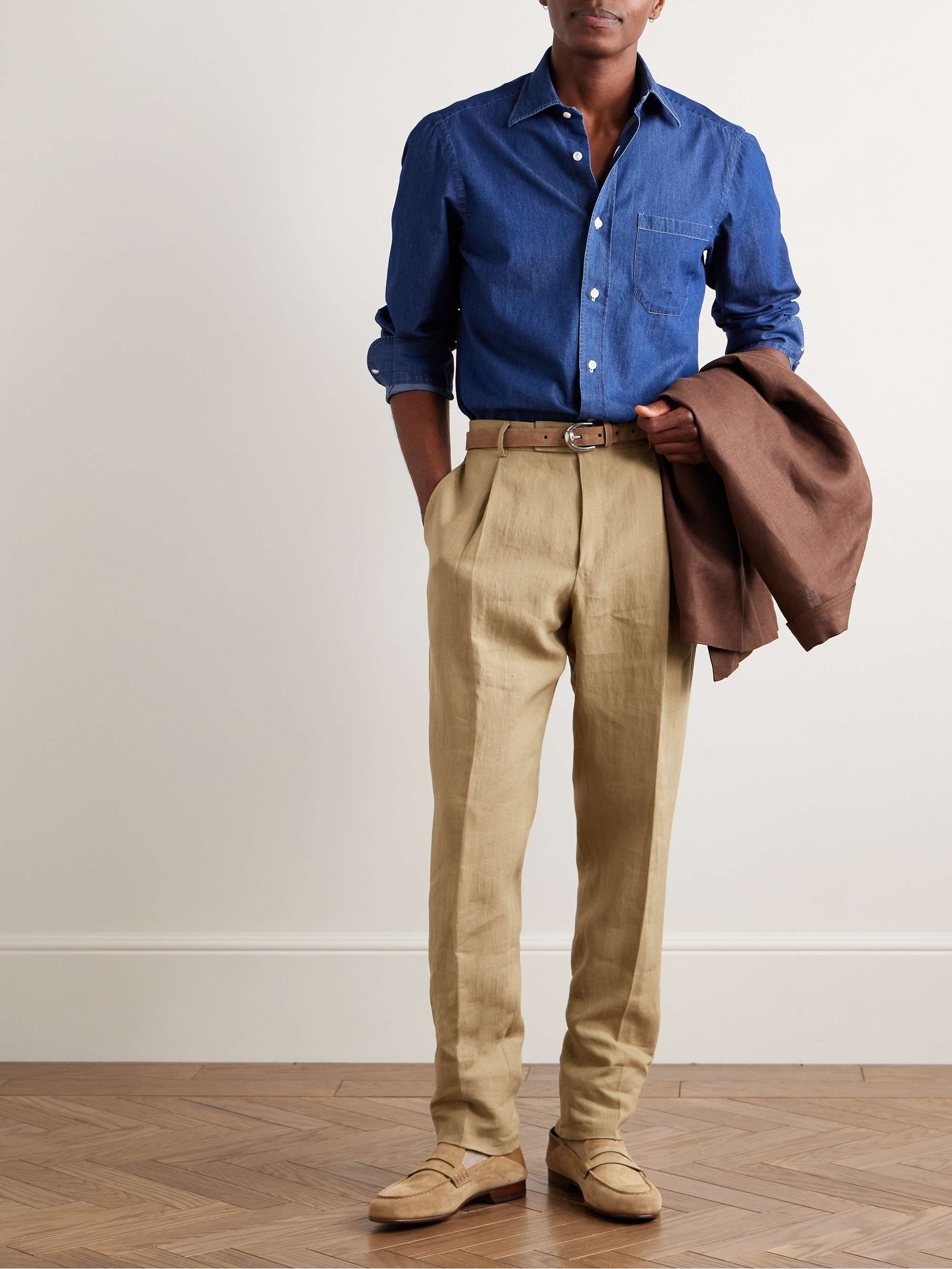Straight-Leg Pleated Linen Suit Trousers view