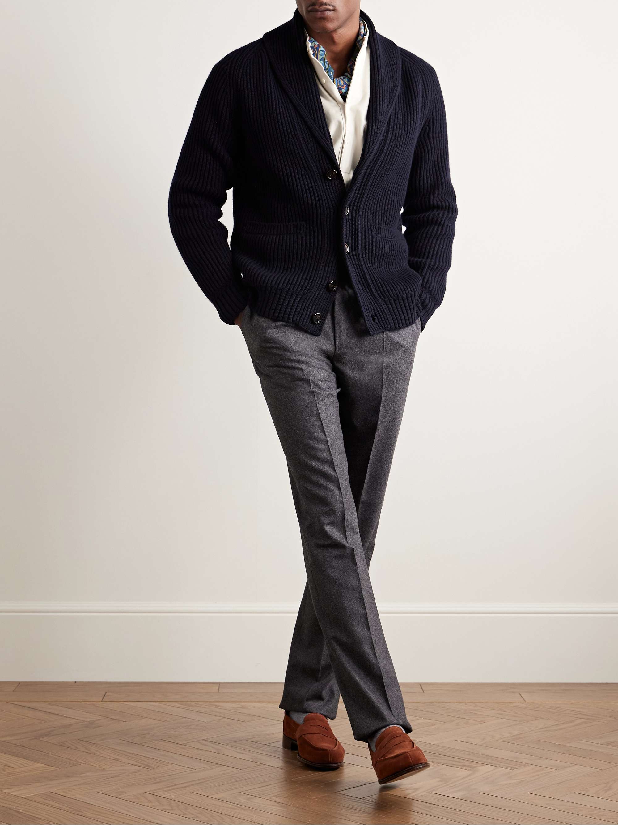 Shawl-Collar Ribbed Cotton and Cashmere-Blend Cardigan view