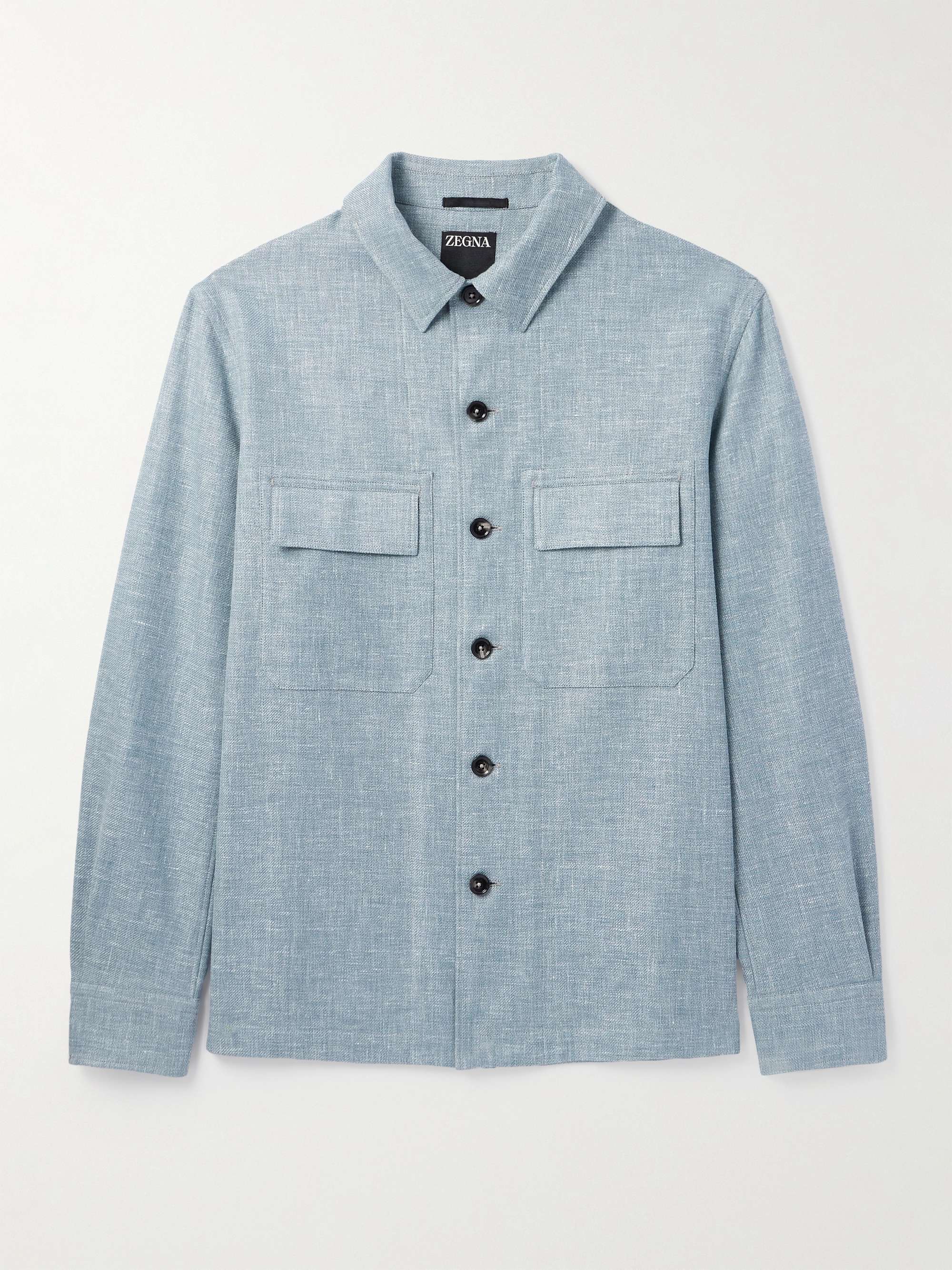 Leather-Trimmed Woven Overshirt view
