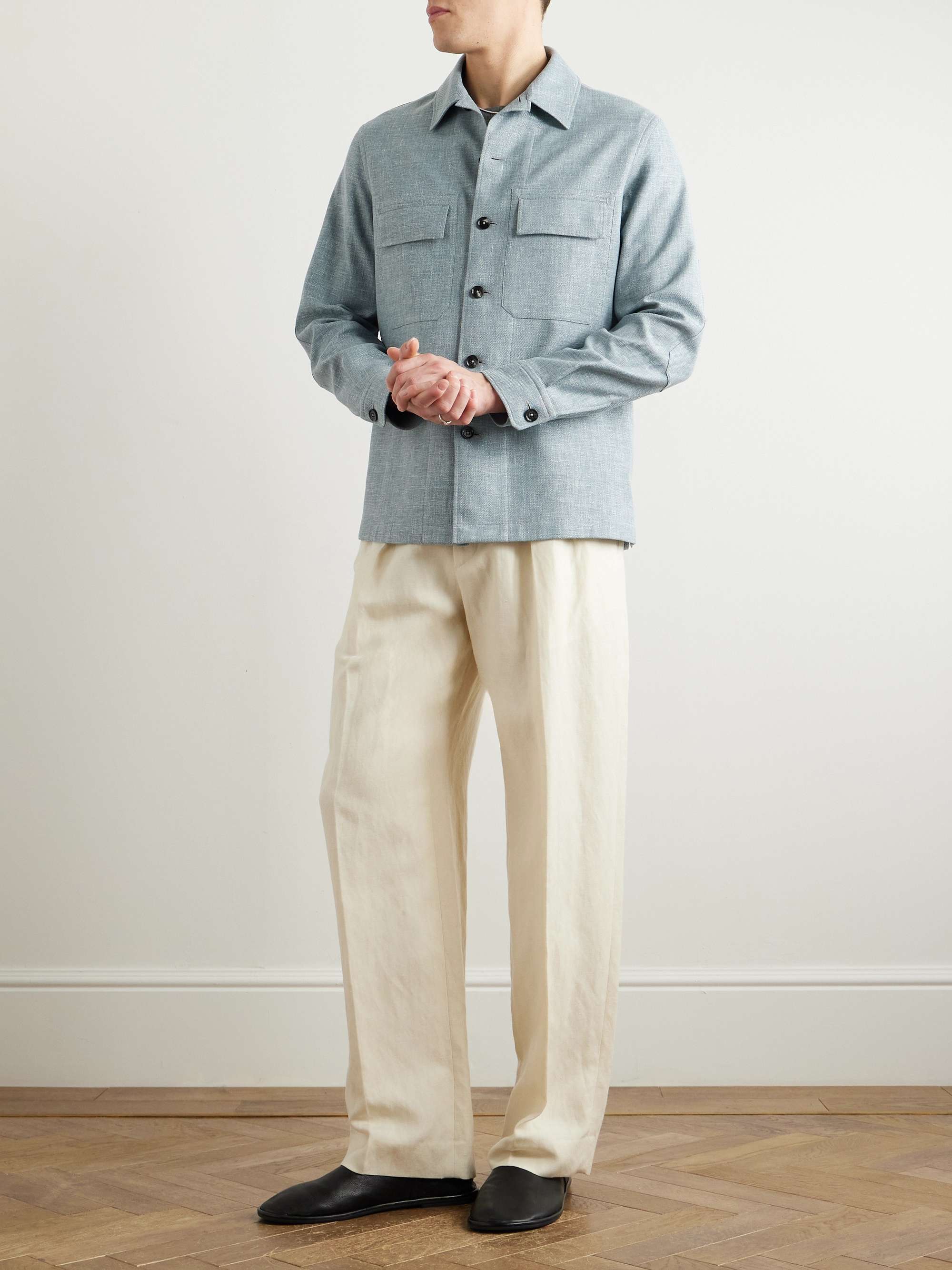 Leather-Trimmed Woven Overshirt view