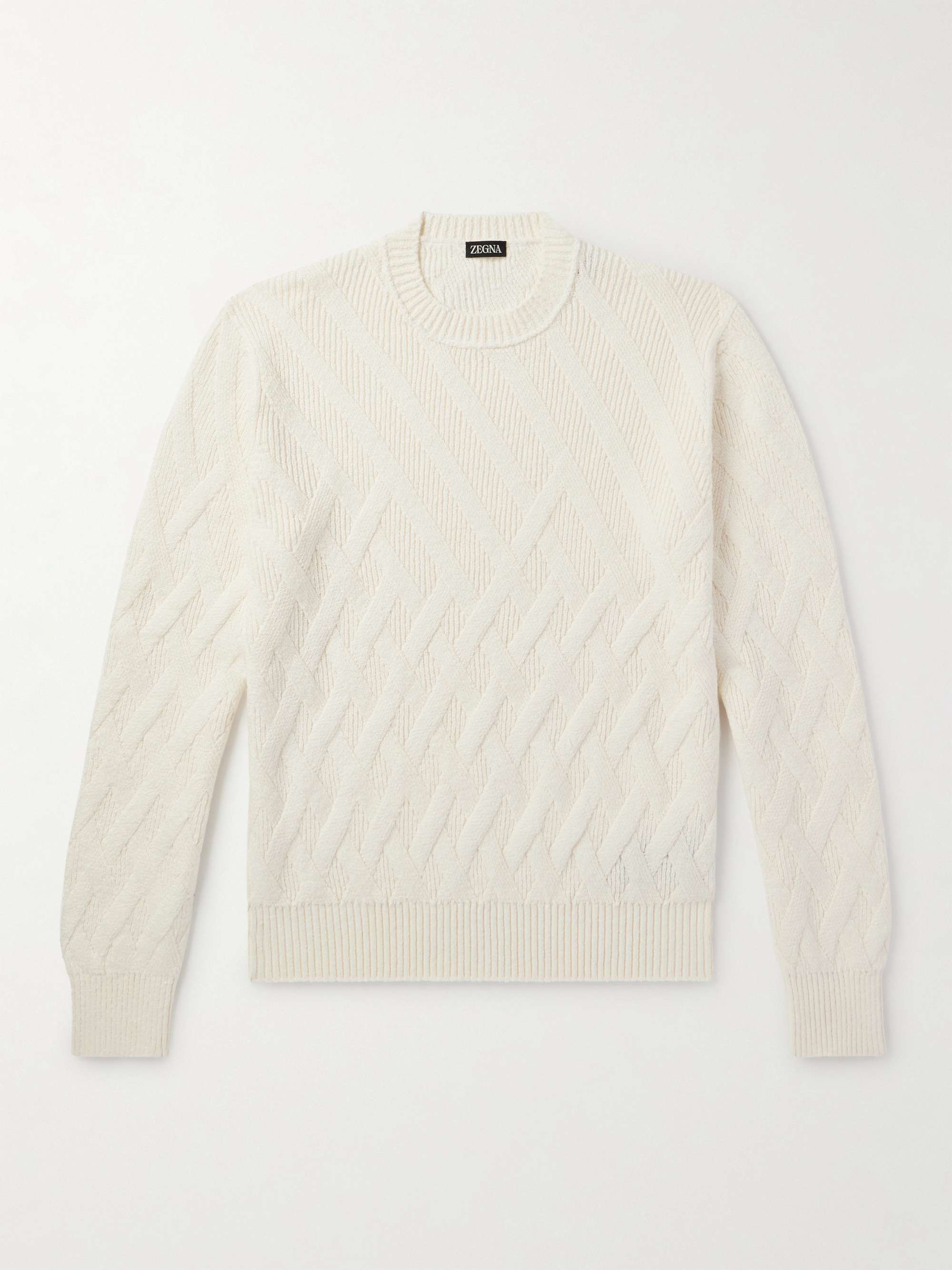 Logo-Appliquéd Leather-Trimmed Basketweave Cotton Sweater view