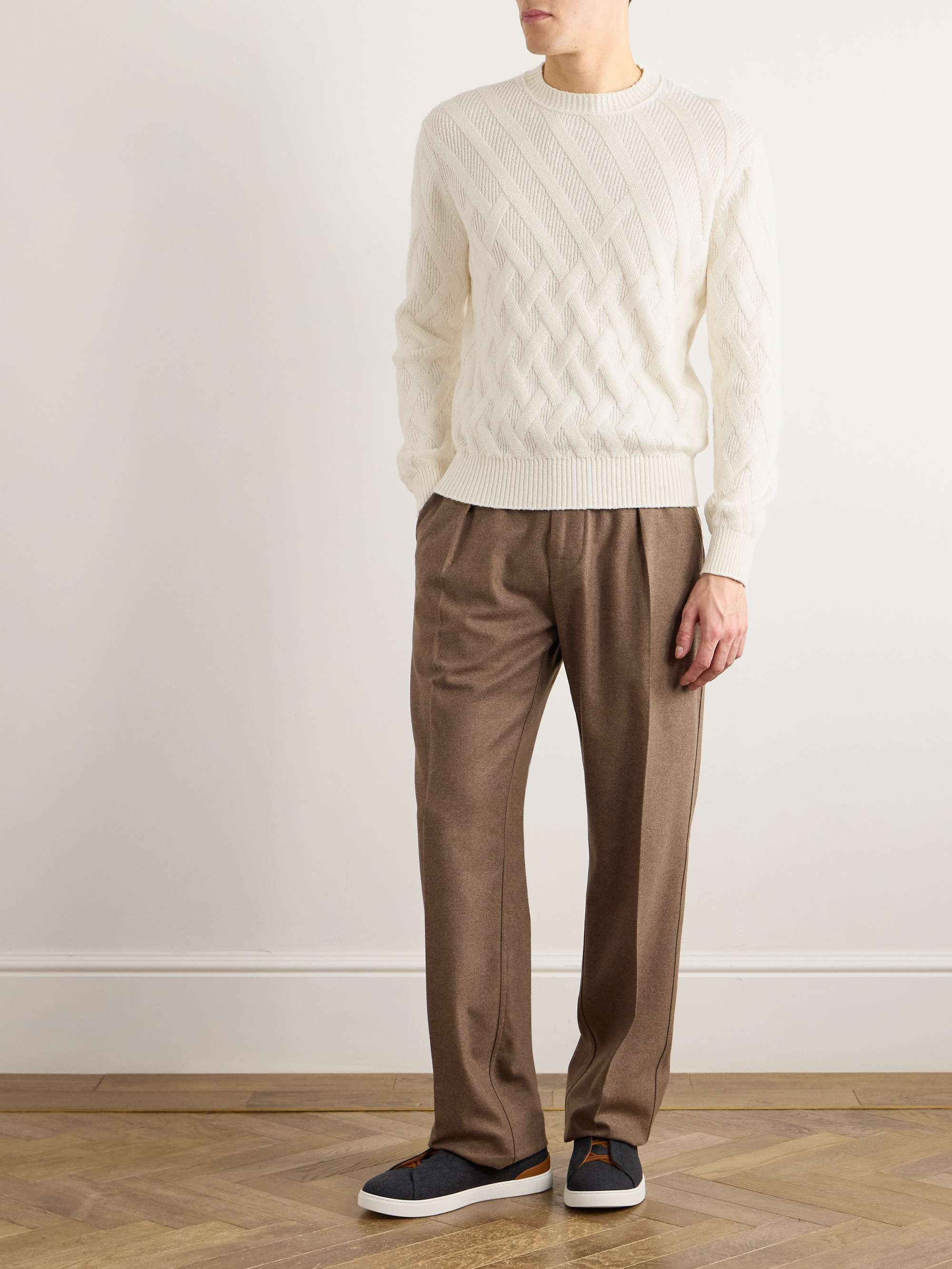 Logo-Appliquéd Leather-Trimmed Basketweave Cotton Sweater view