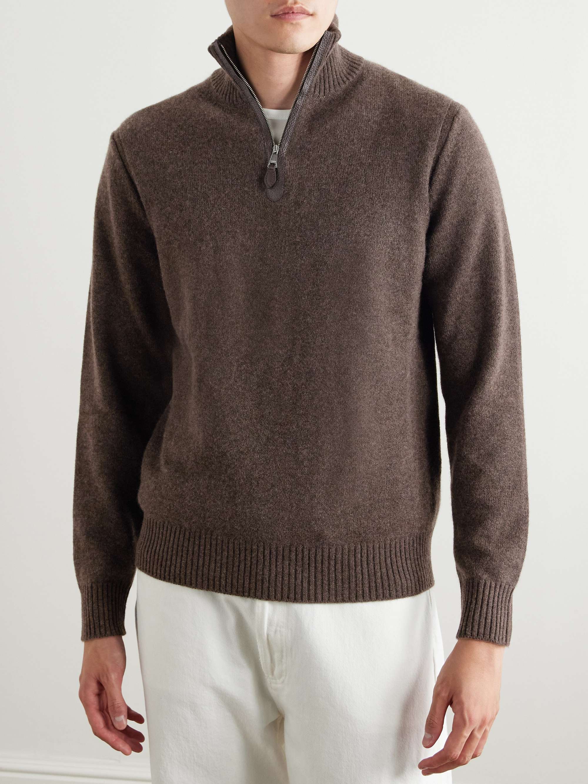 Leather-Trimmed Cashmere Half-Zip Sweater view