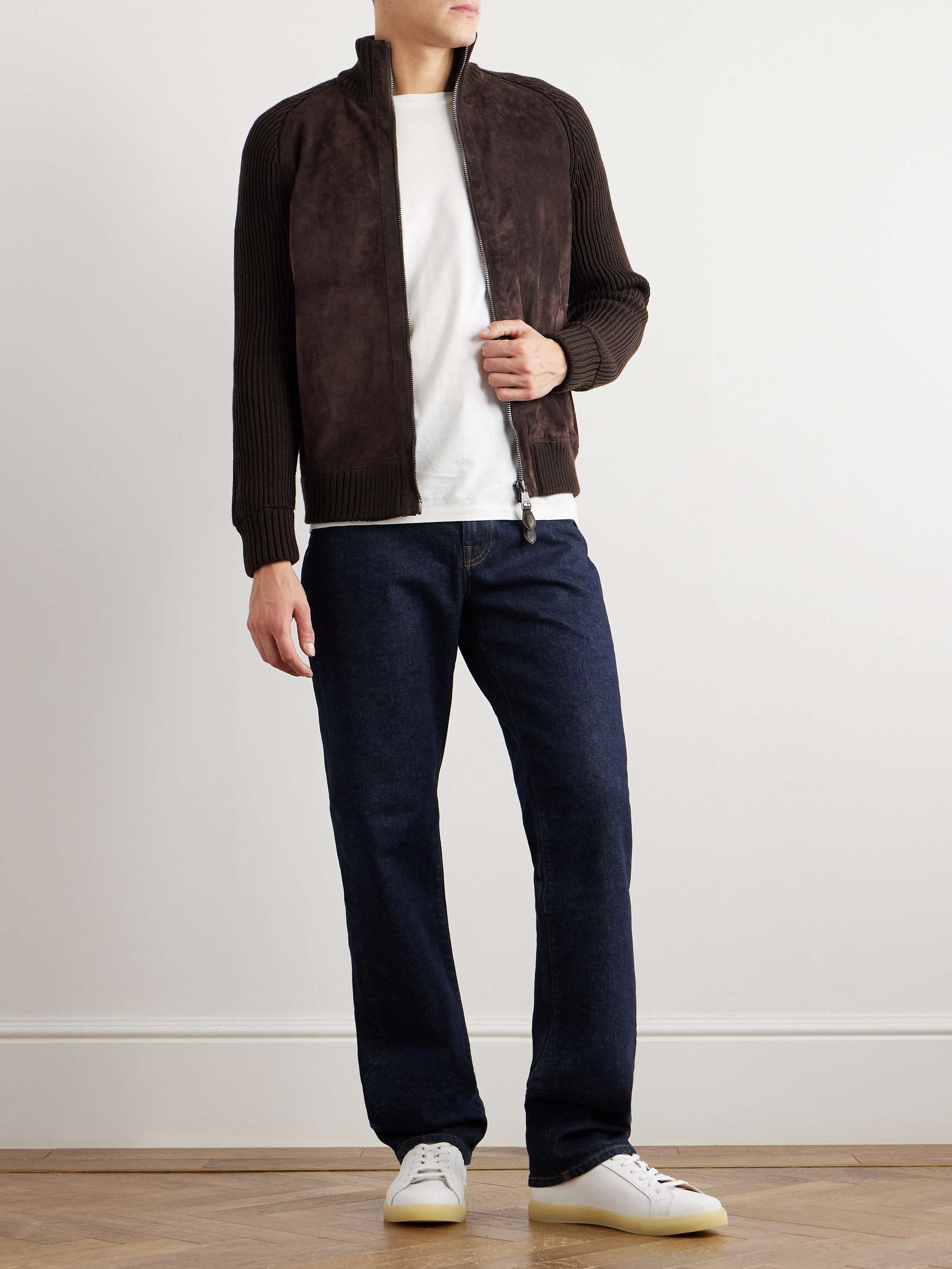 Panelled Ribbed Merino Wool and Suede Cardigan view