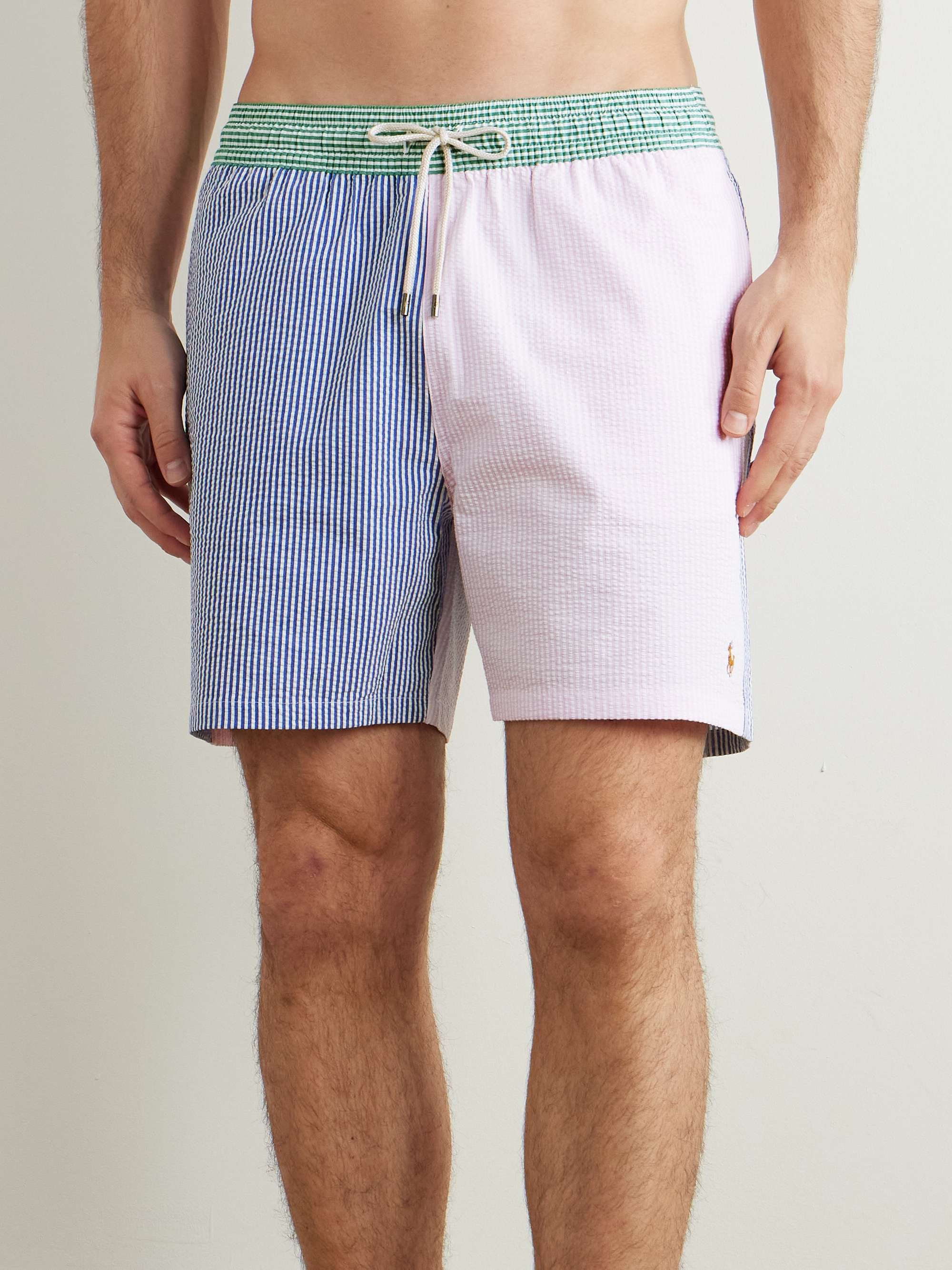 Straight-Leg Mid-Length Logo-Embroidered Striped Cotton-Blend Seersucker Swim Shorts view