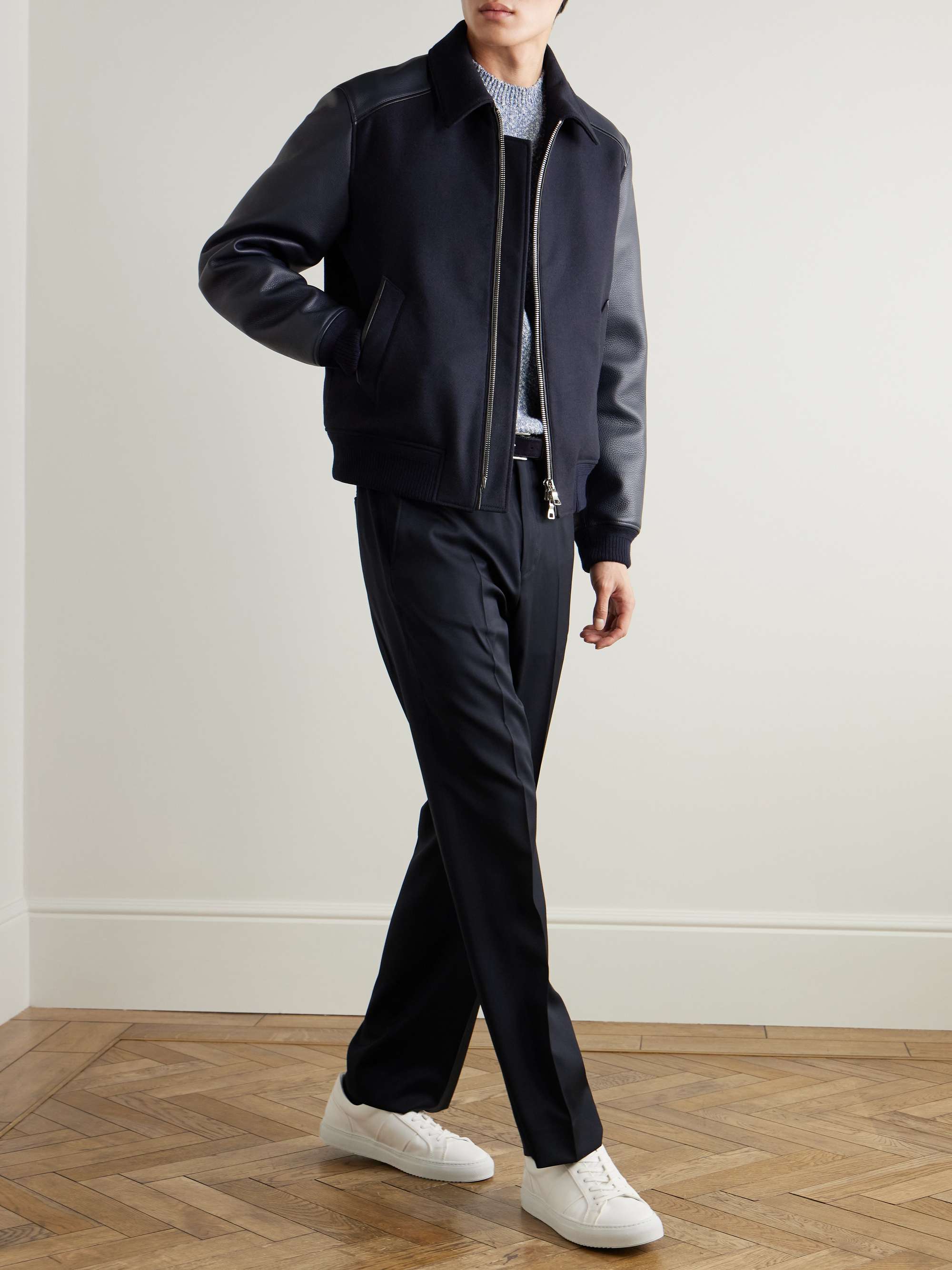 Panelled Ribbed Wool and Textured-Leather Varsity Jacket view