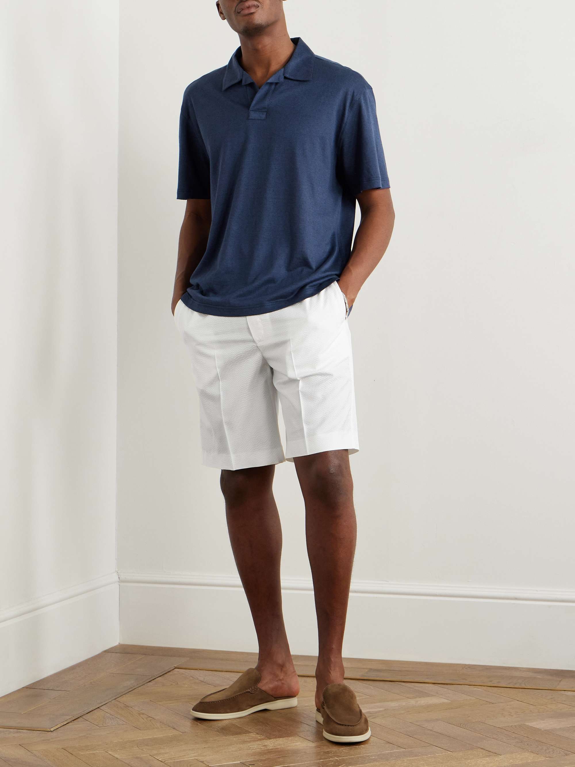 Straight-Leg Herringbone Striped Silk-Seersucker Shorts view