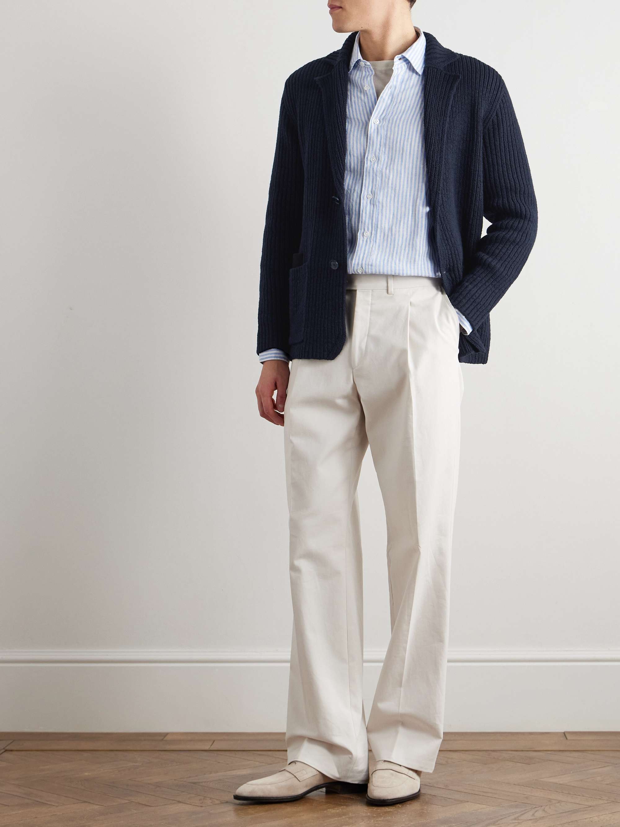 Suede-Trimmed Ribbed Cotton Cardigan view
