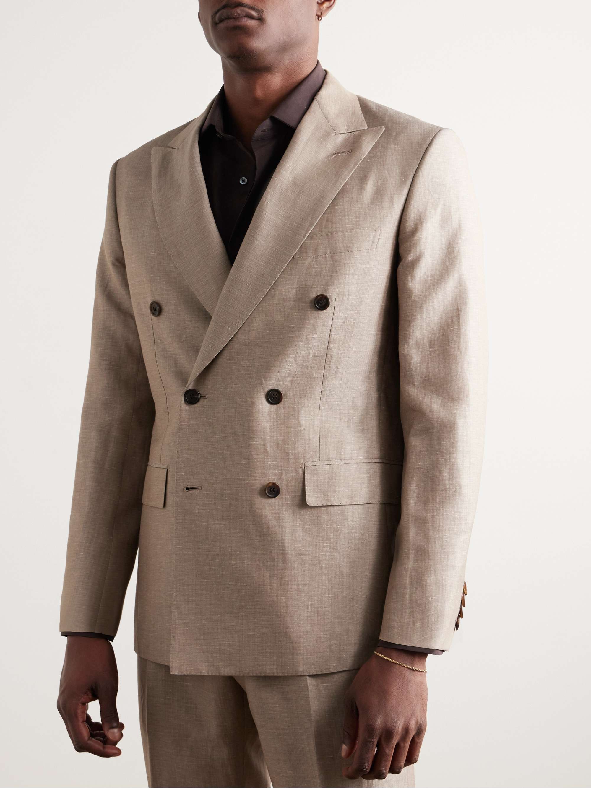 Slim-Fit Double-Breasted Wool, Linen and Silk-Blend Suit view