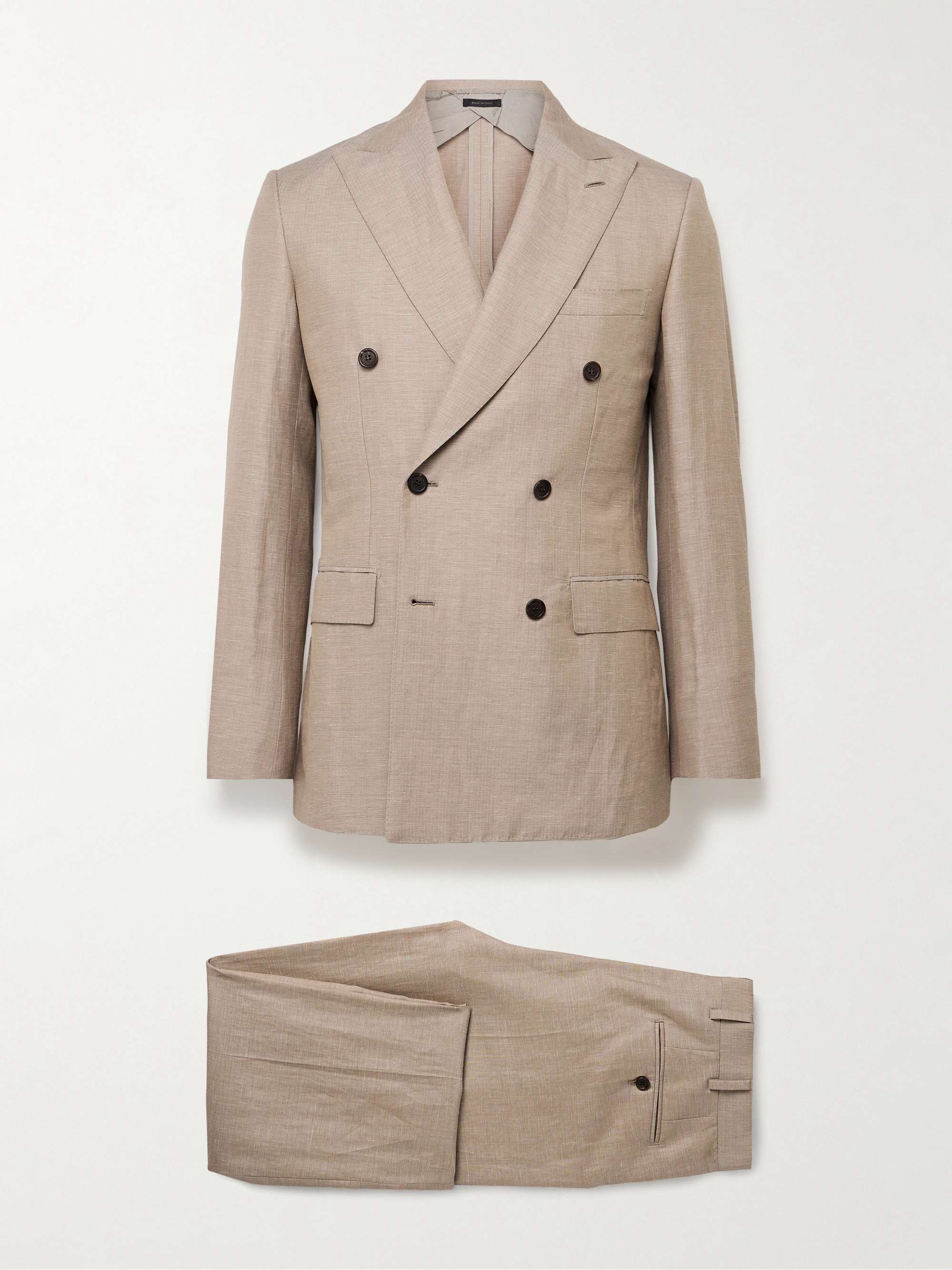 Slim-Fit Double-Breasted Wool, Linen and Silk-Blend Suit view