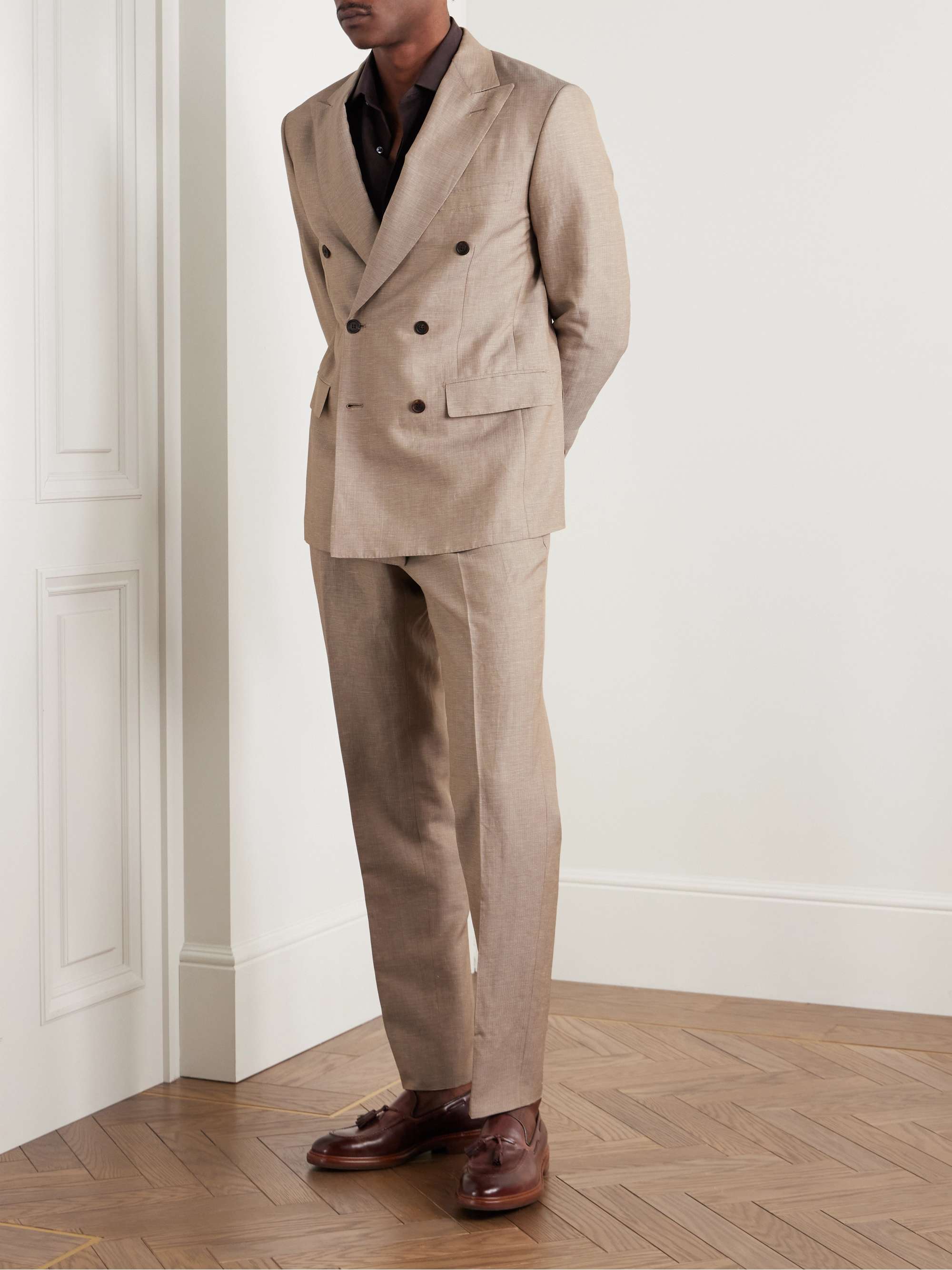 Slim-Fit Double-Breasted Wool, Linen and Silk-Blend Suit view