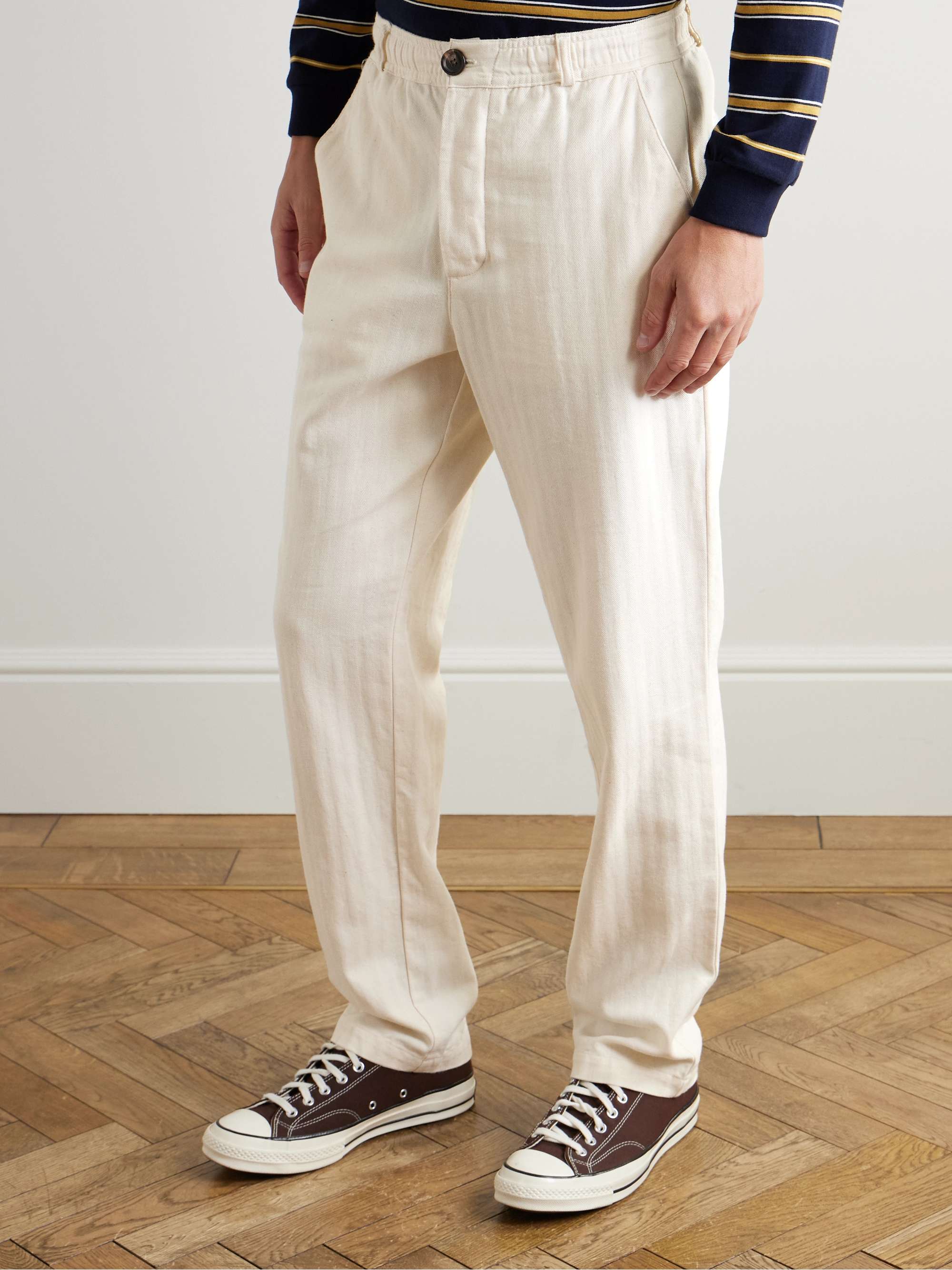 Slim-Fit Straight-Leg Herringbone Cotton Trousers view