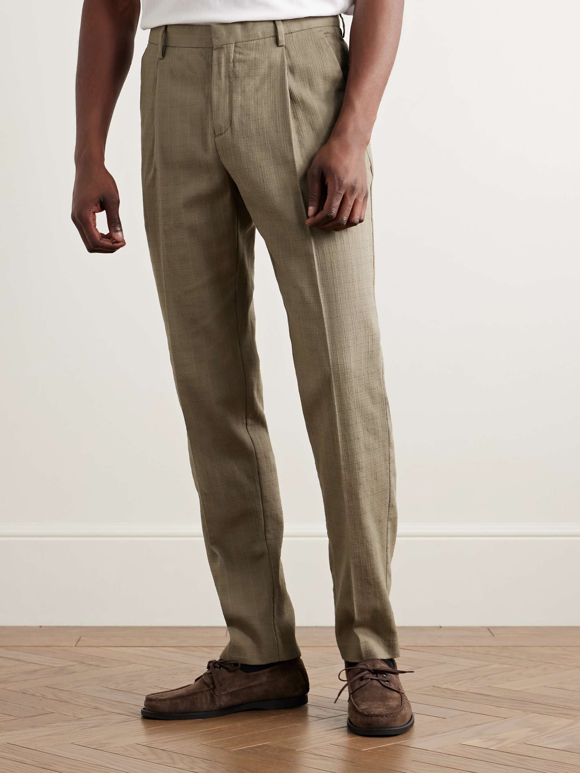 Straight-Leg Pleated Textured-Cotton Trousers view