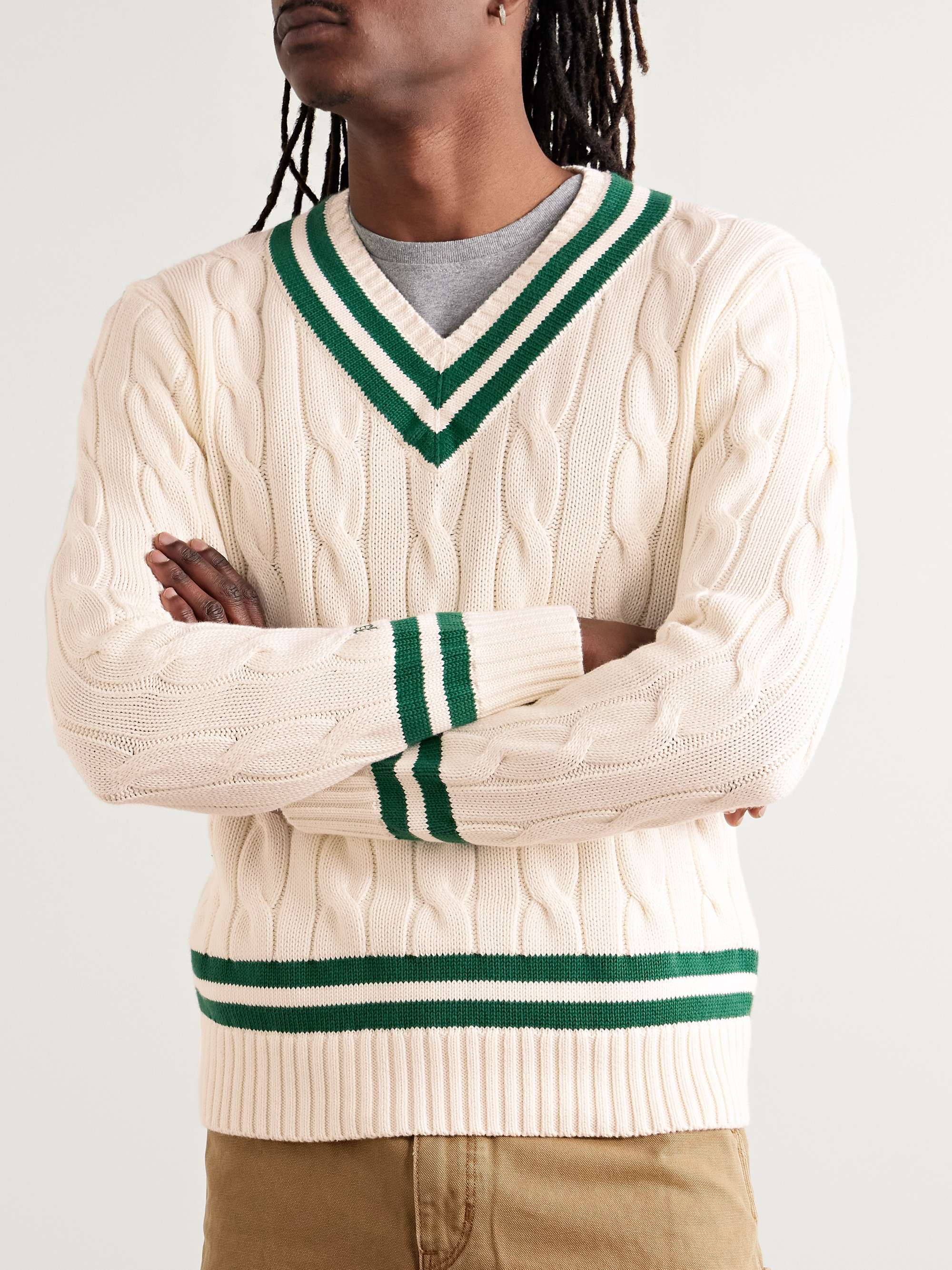 Slim-Fit Cable-Knit Striped Cotton Sweater view