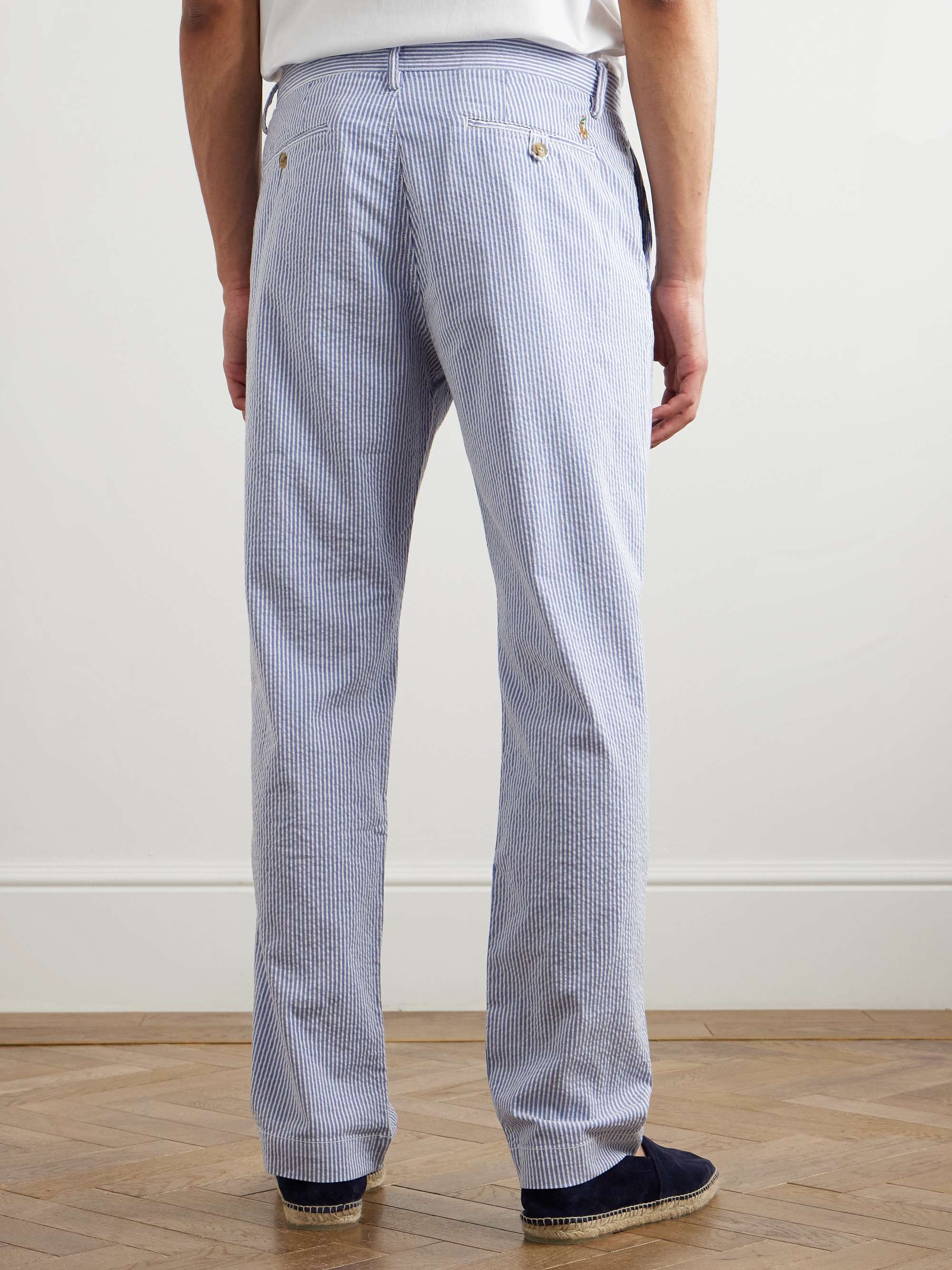 Straight-Leg Logo-Embroidered Striped Cotton-Blend Seersucker Trousers view