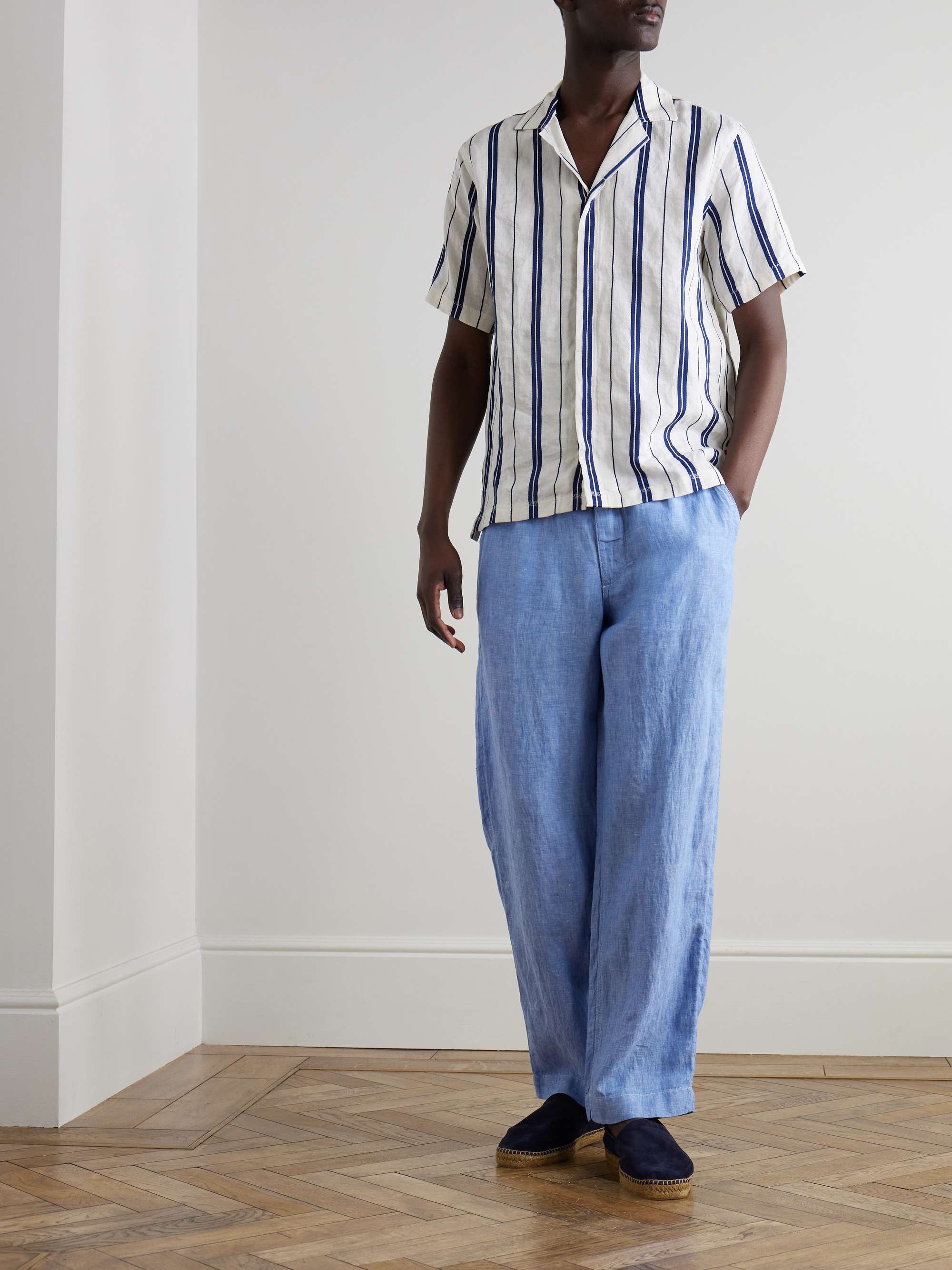 Straight-Leg Linen-Chambray Drawstring Trousers view