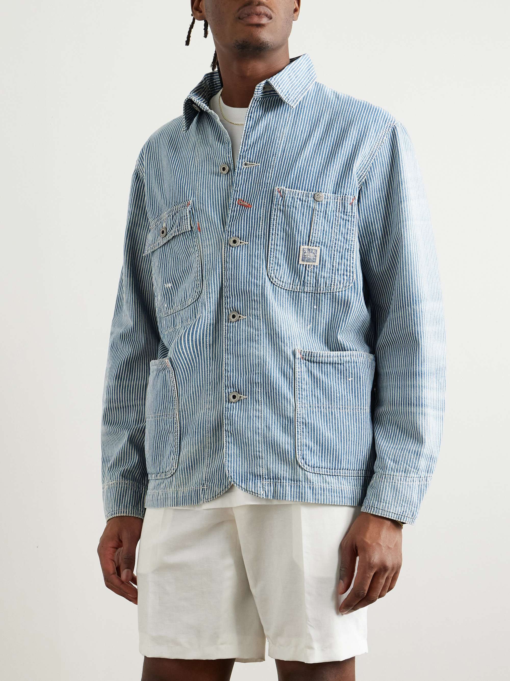 Logo-Appliquéd Paint-Splattered Striped Denim Overshirt view