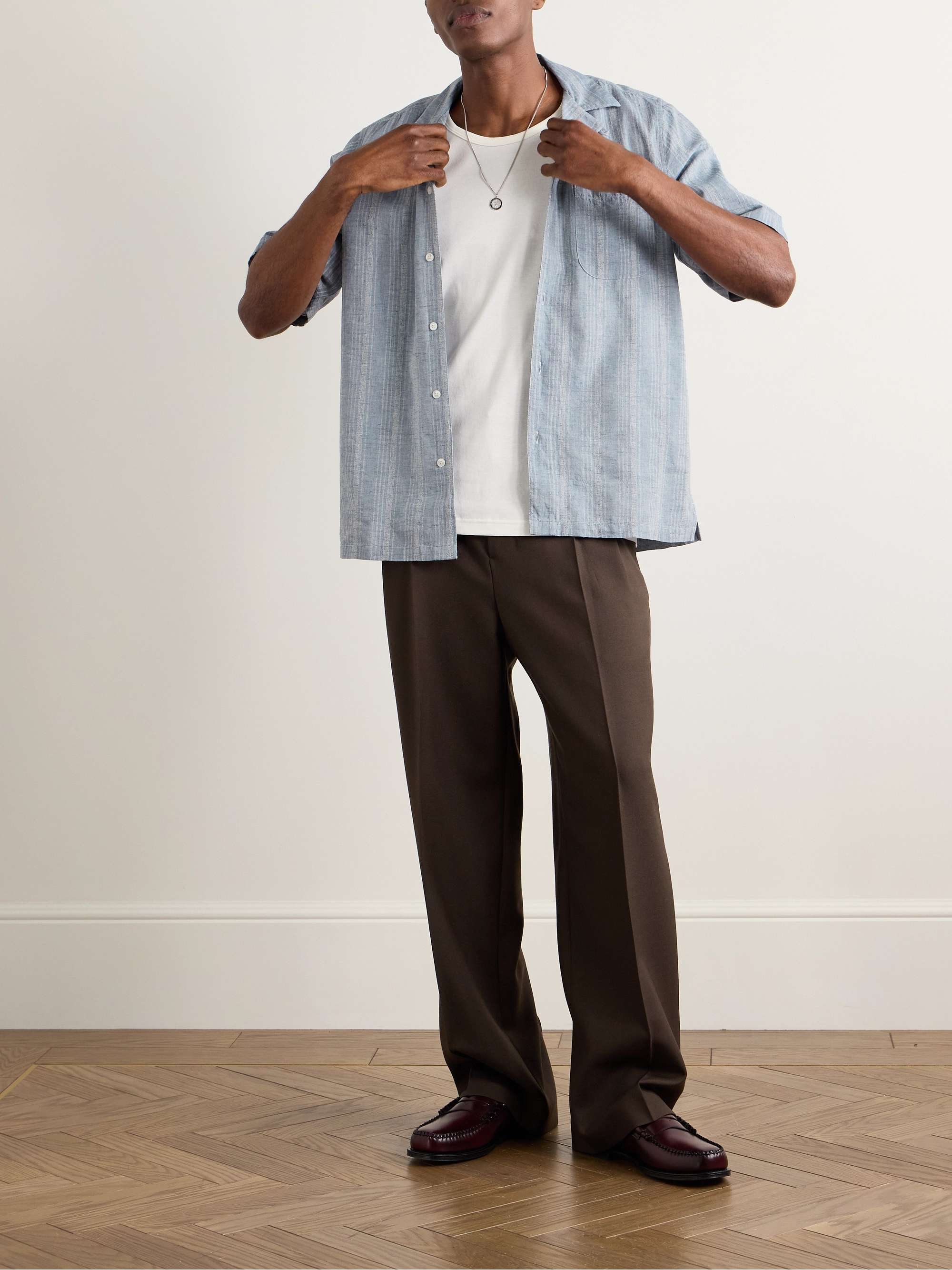 Luis Convertible-Collar Striped Cotton and Linen-Blend Shirt view