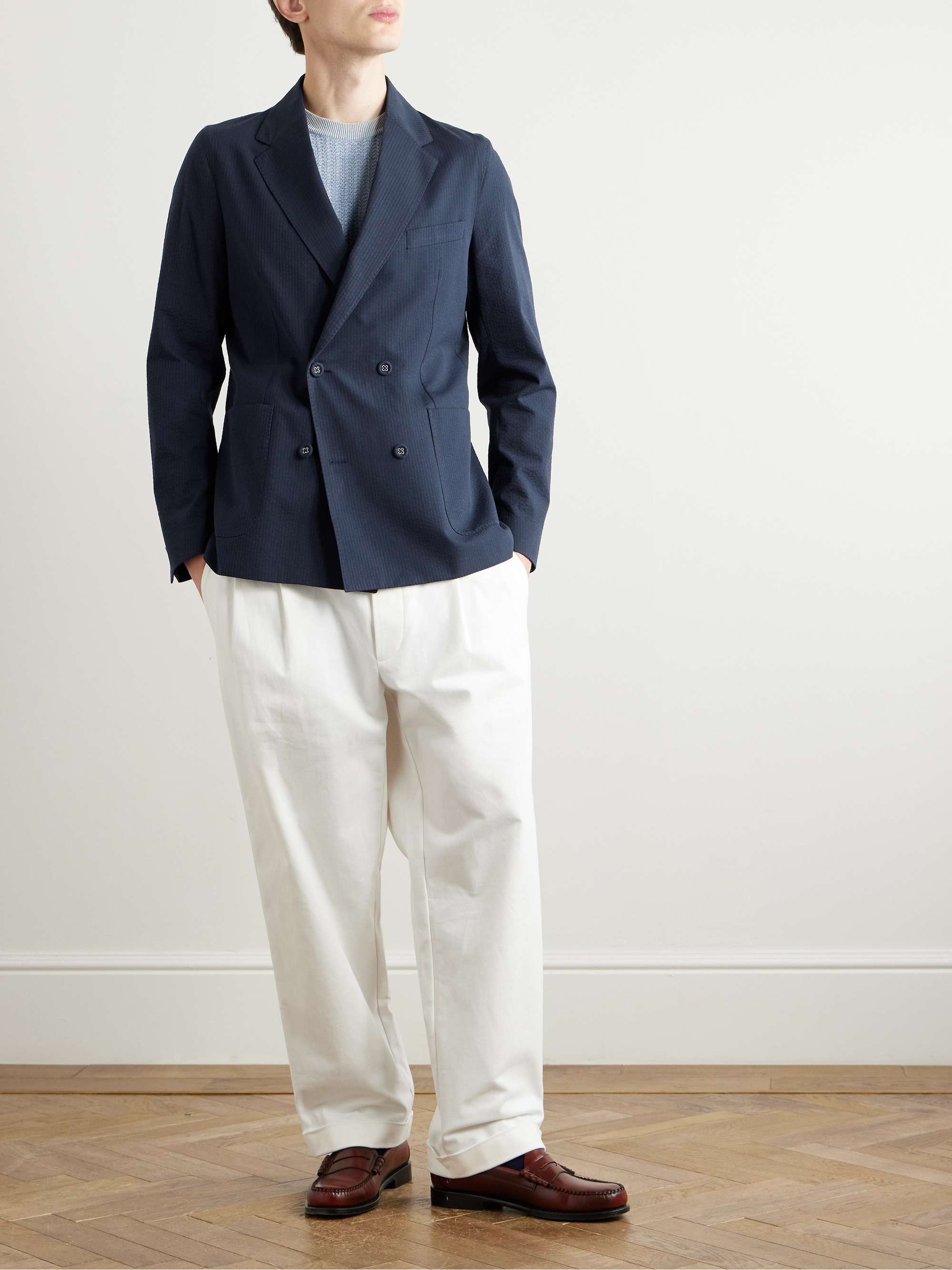 Leon Double-Breasted Striped Cotton-Seersucker Jacket view