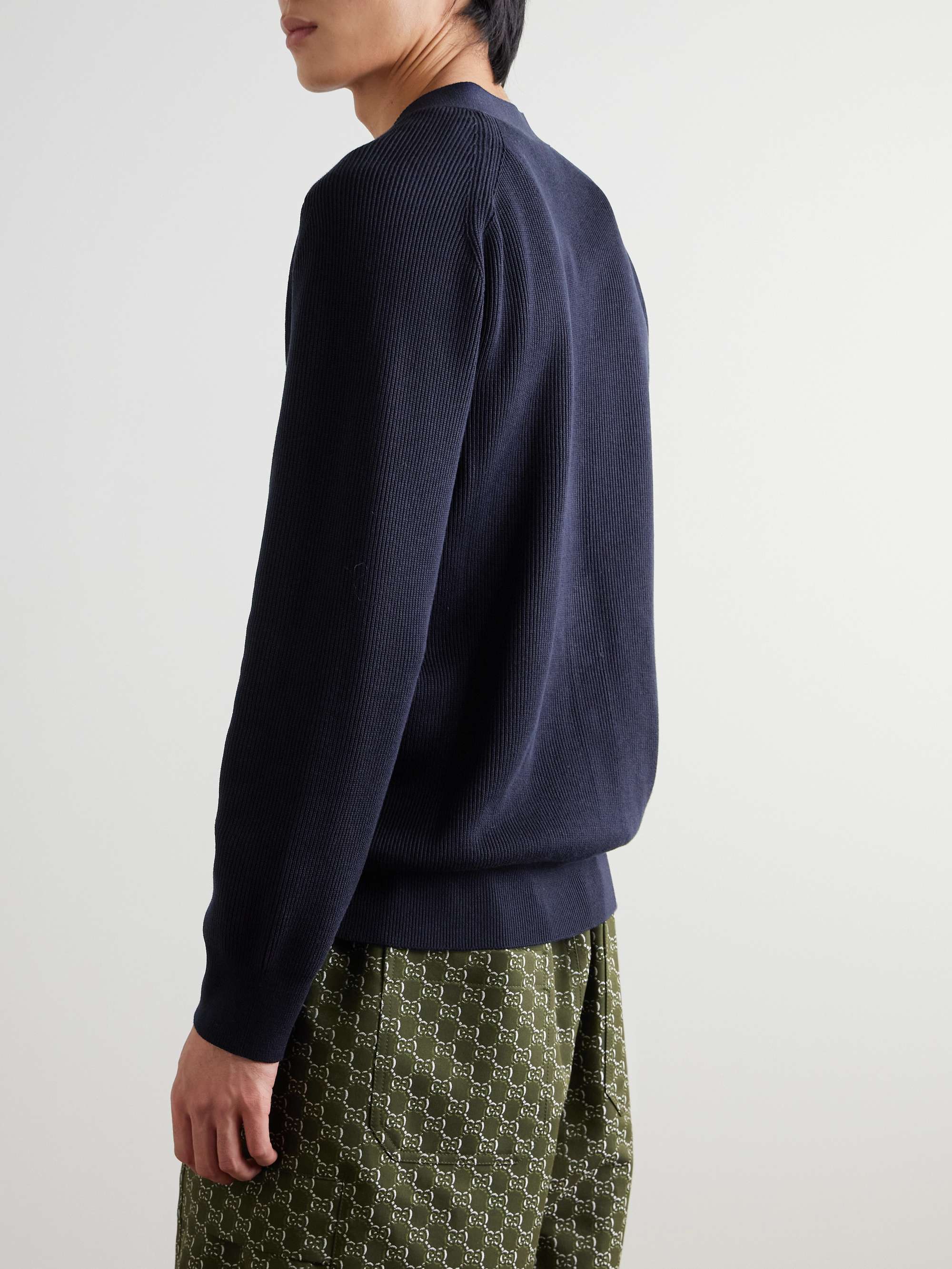 Logo-Jacquard Ribbed Silk and Cotton-Blend Cardigan view