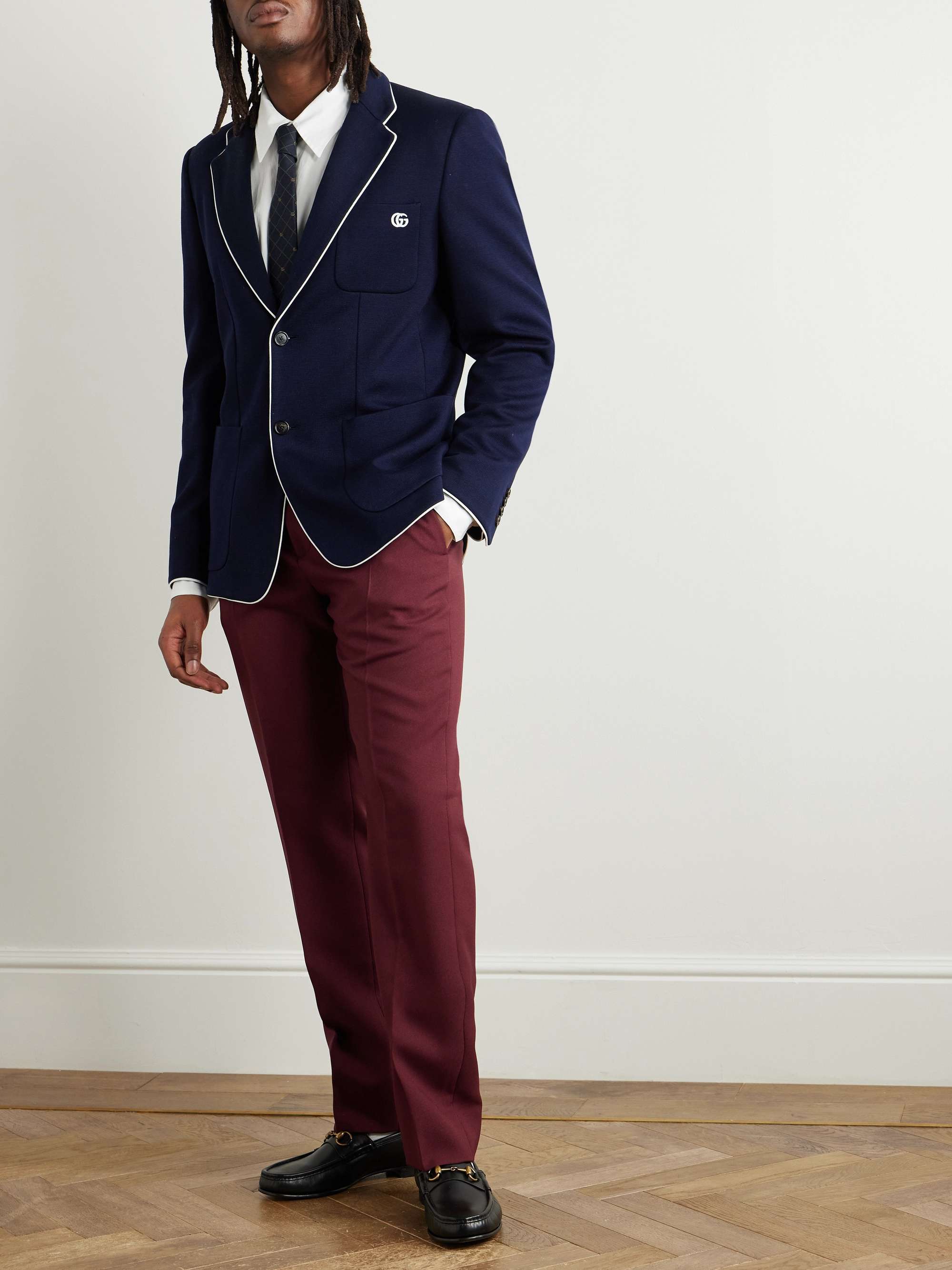 Slim-Fit Logo-Embroidered Textured-Cotton Blazer view