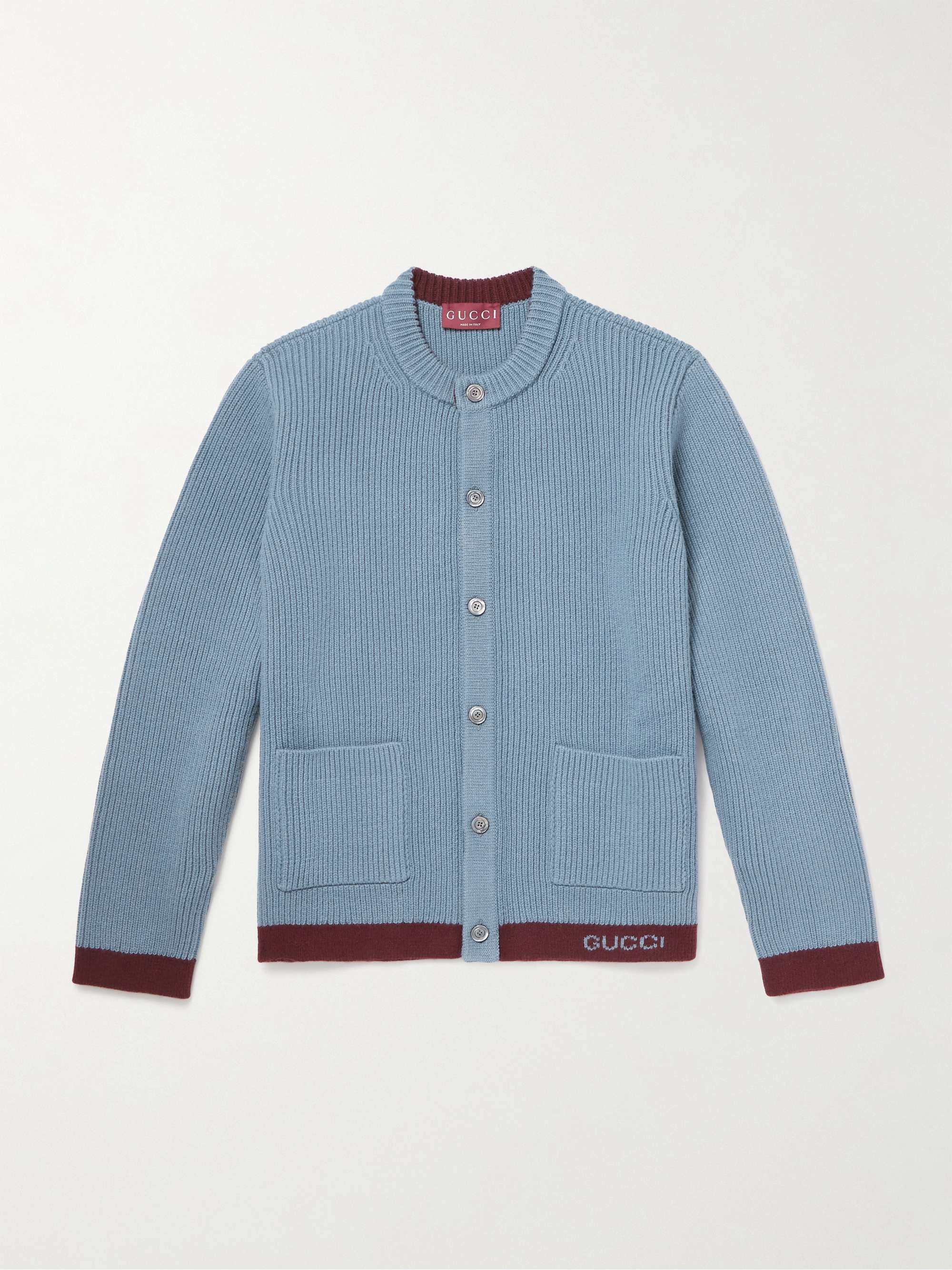 Two-Tone Logo-Jacquard Ribbed Wool Cardigan view