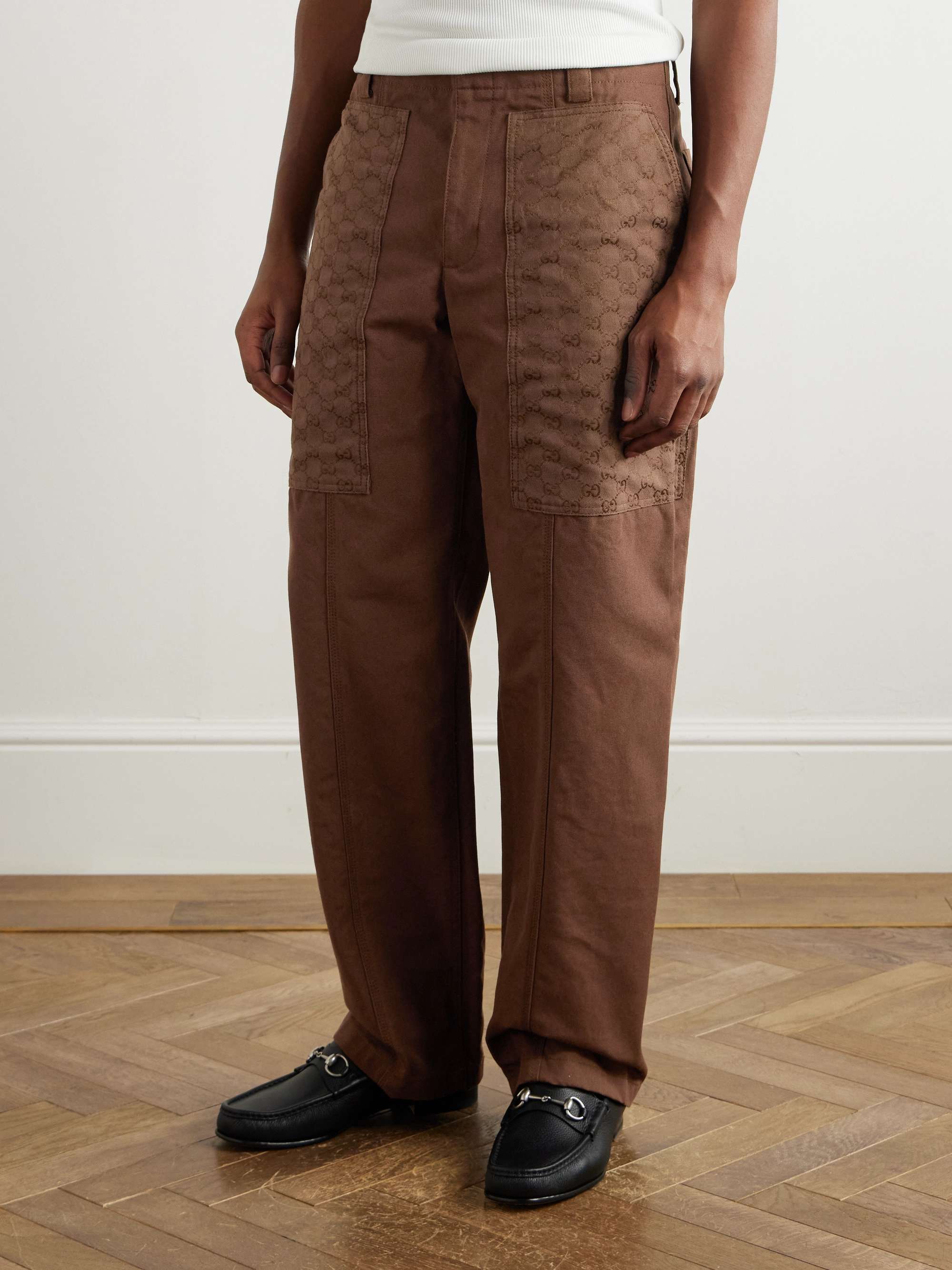 Straight-Leg Monogrammed Cotton-Canvas Trousers view