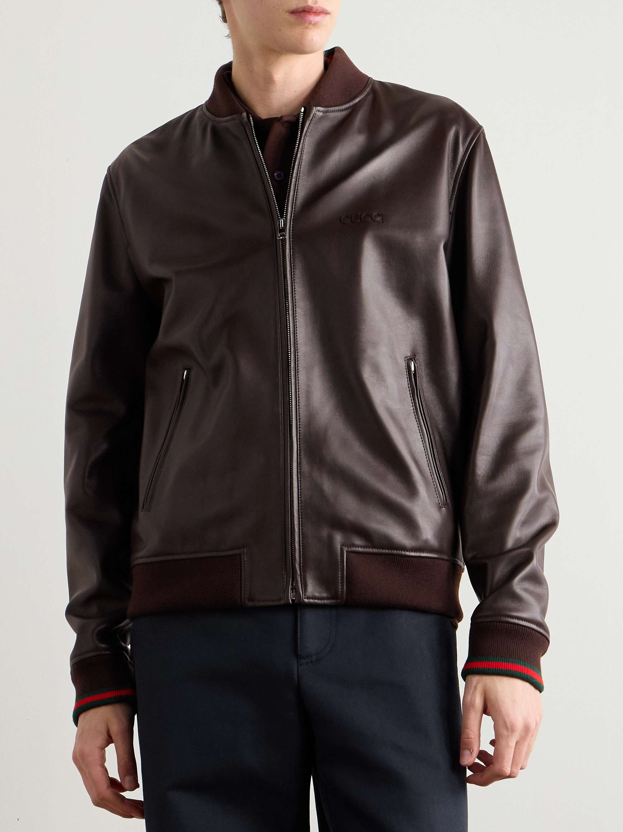 Logo-Appliquéd Leather Bomber Jacket view