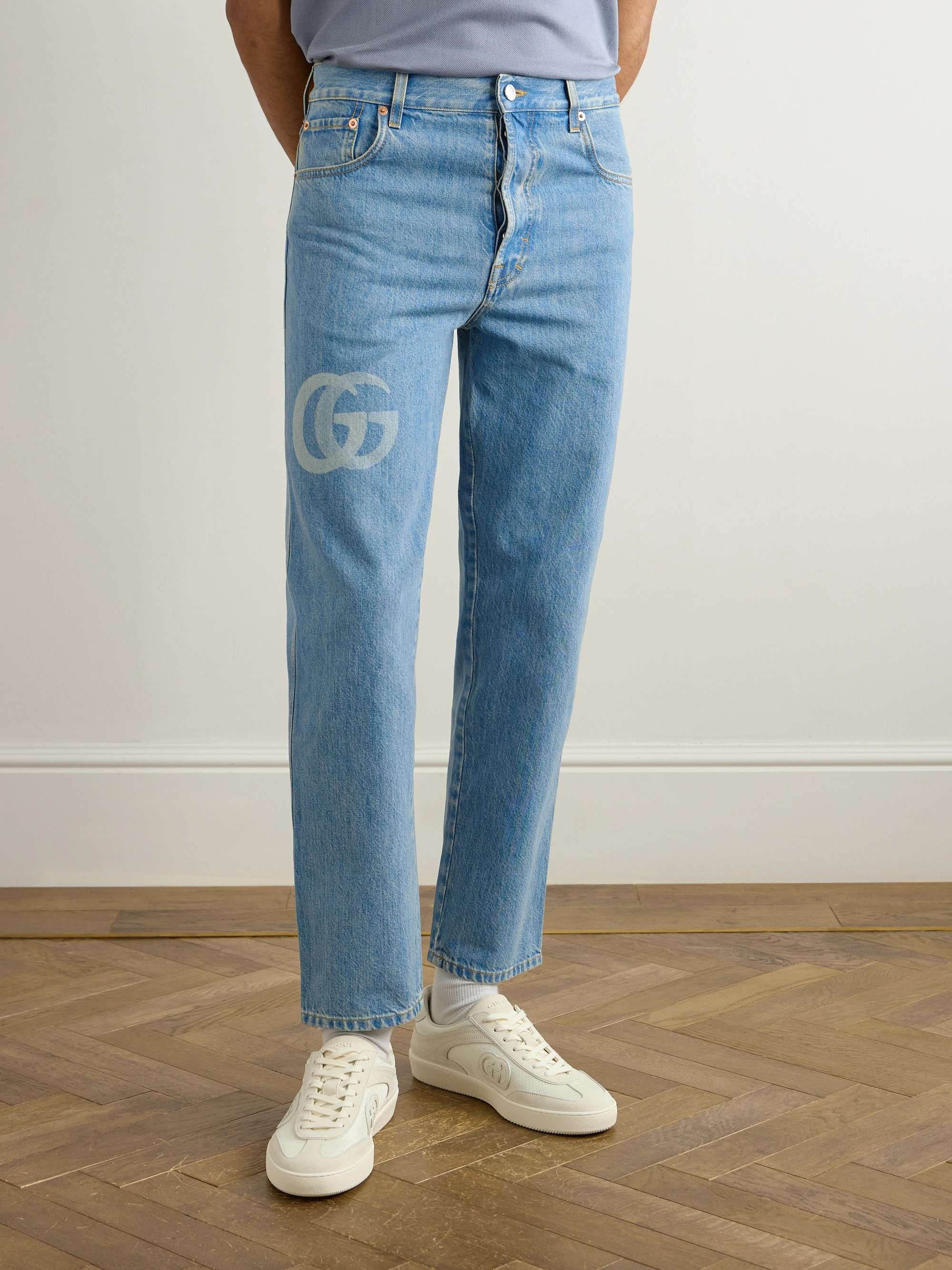 Tapered Logo-Print Jeans view