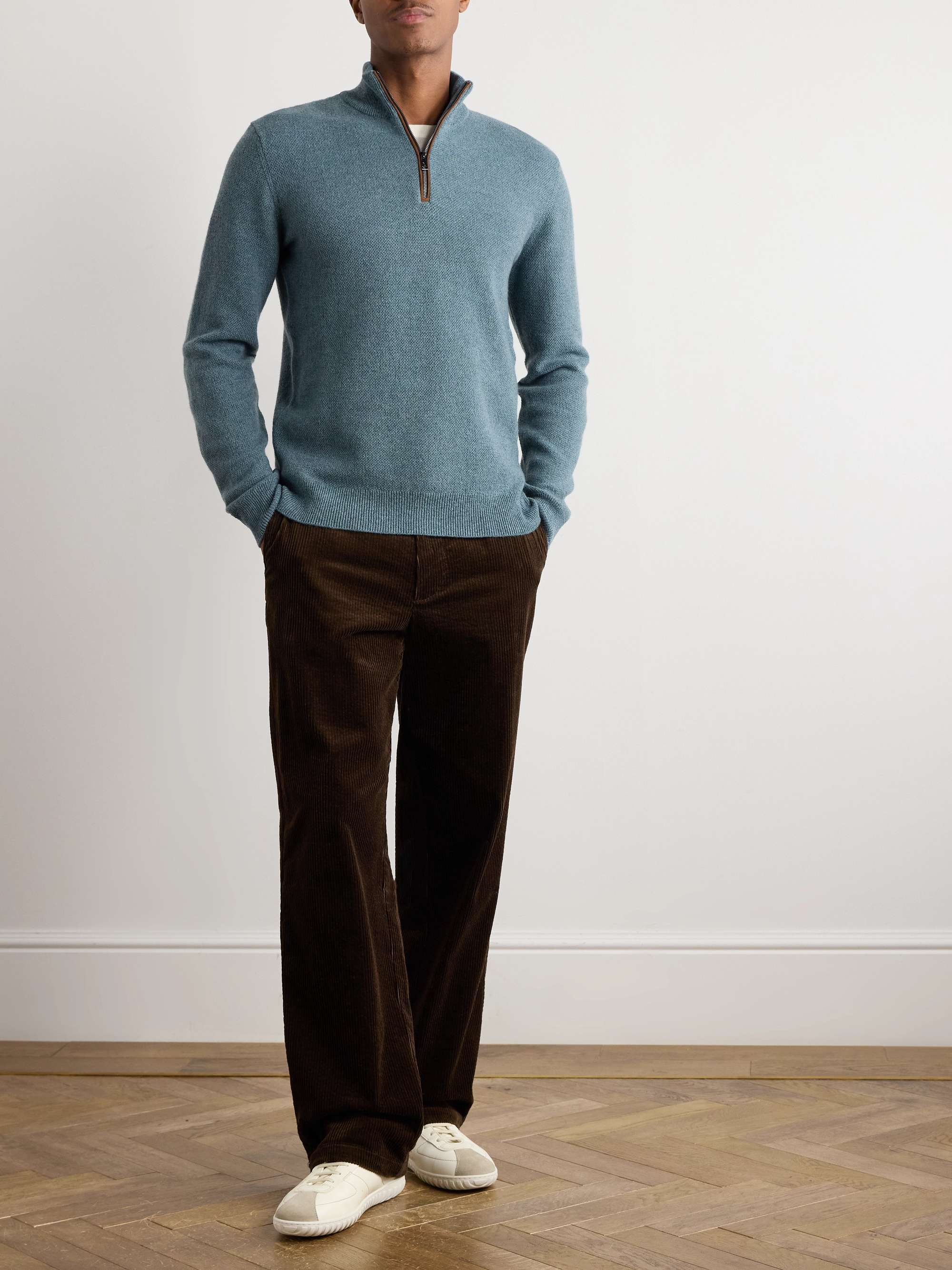 Suede-Trimmed Cashmere Half-Zip Sweater view