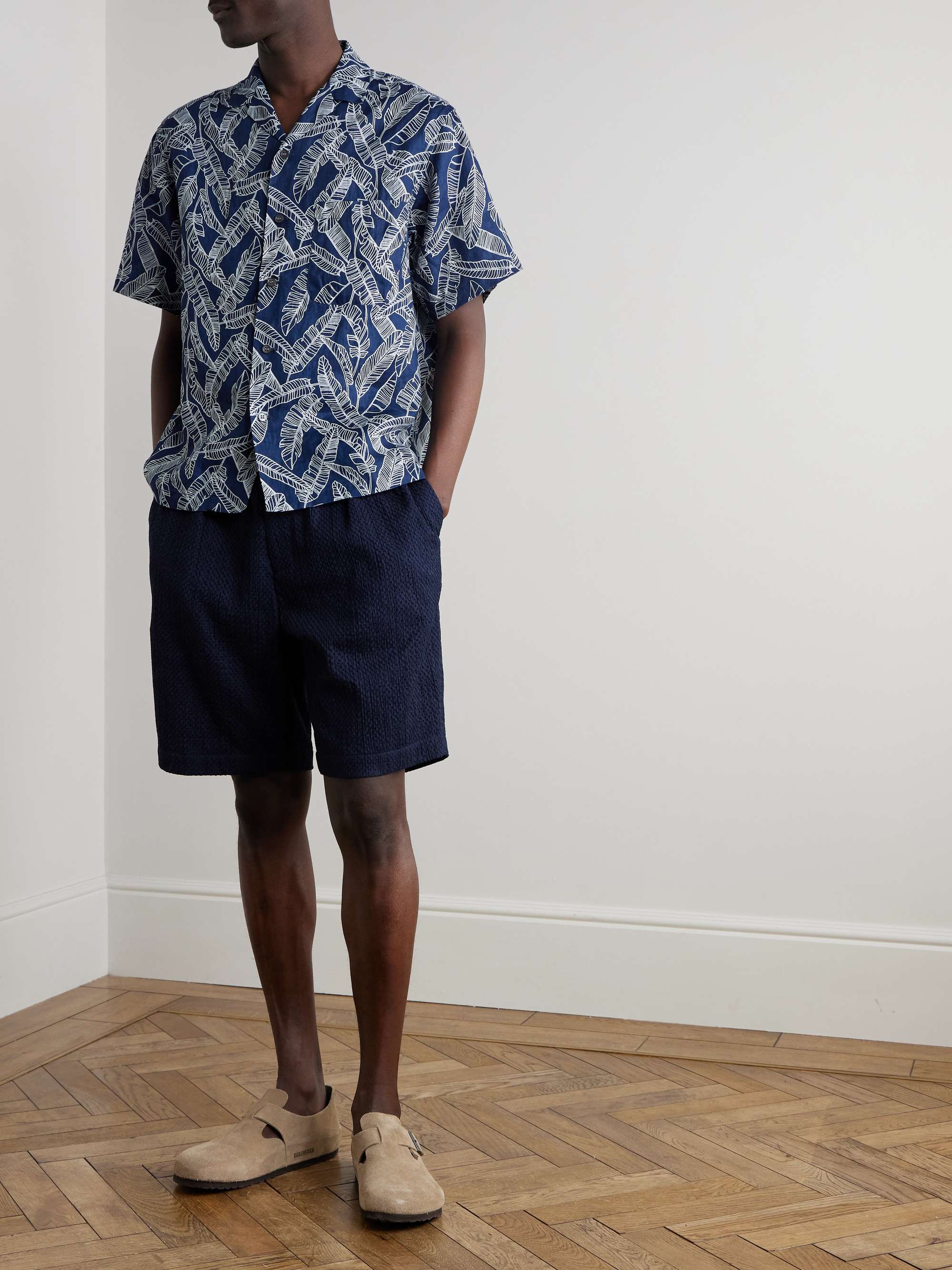 Camp-Collar Printed Indigo-Dyed Linen Shirt view