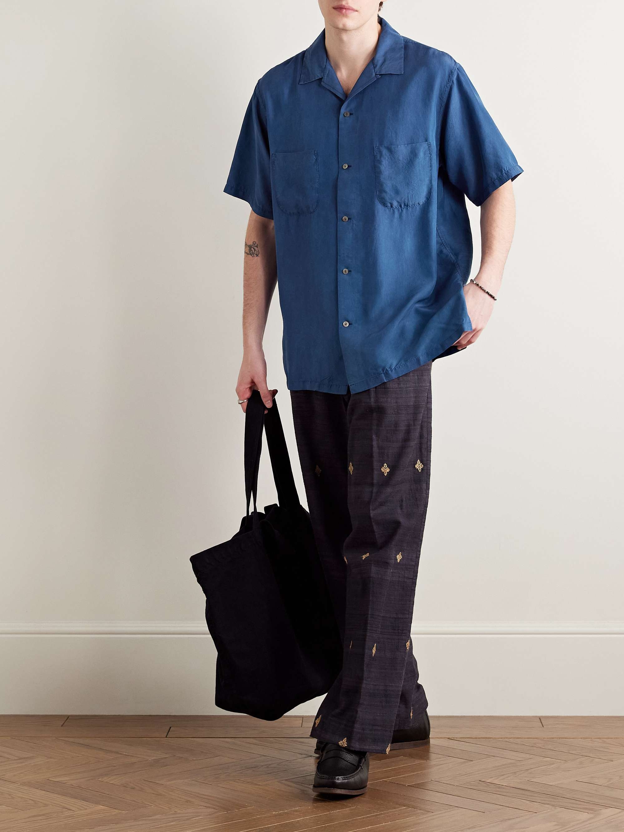 Convertible-Collar Indigo-Dyed Silk-Habotai Shirt view