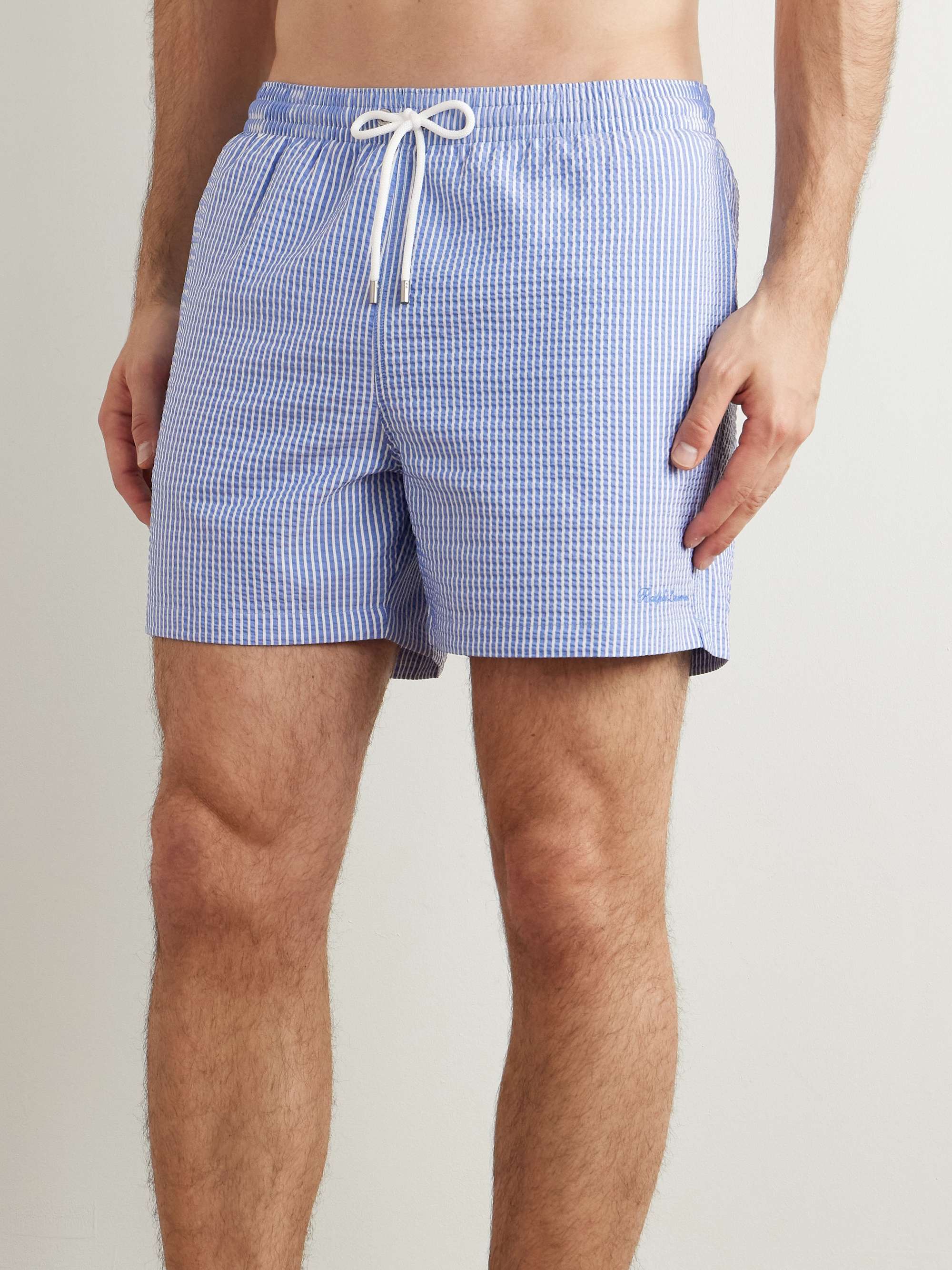 Amalfi Straight-Leg Mid-Length Striped Seersucker Swim Shorts view