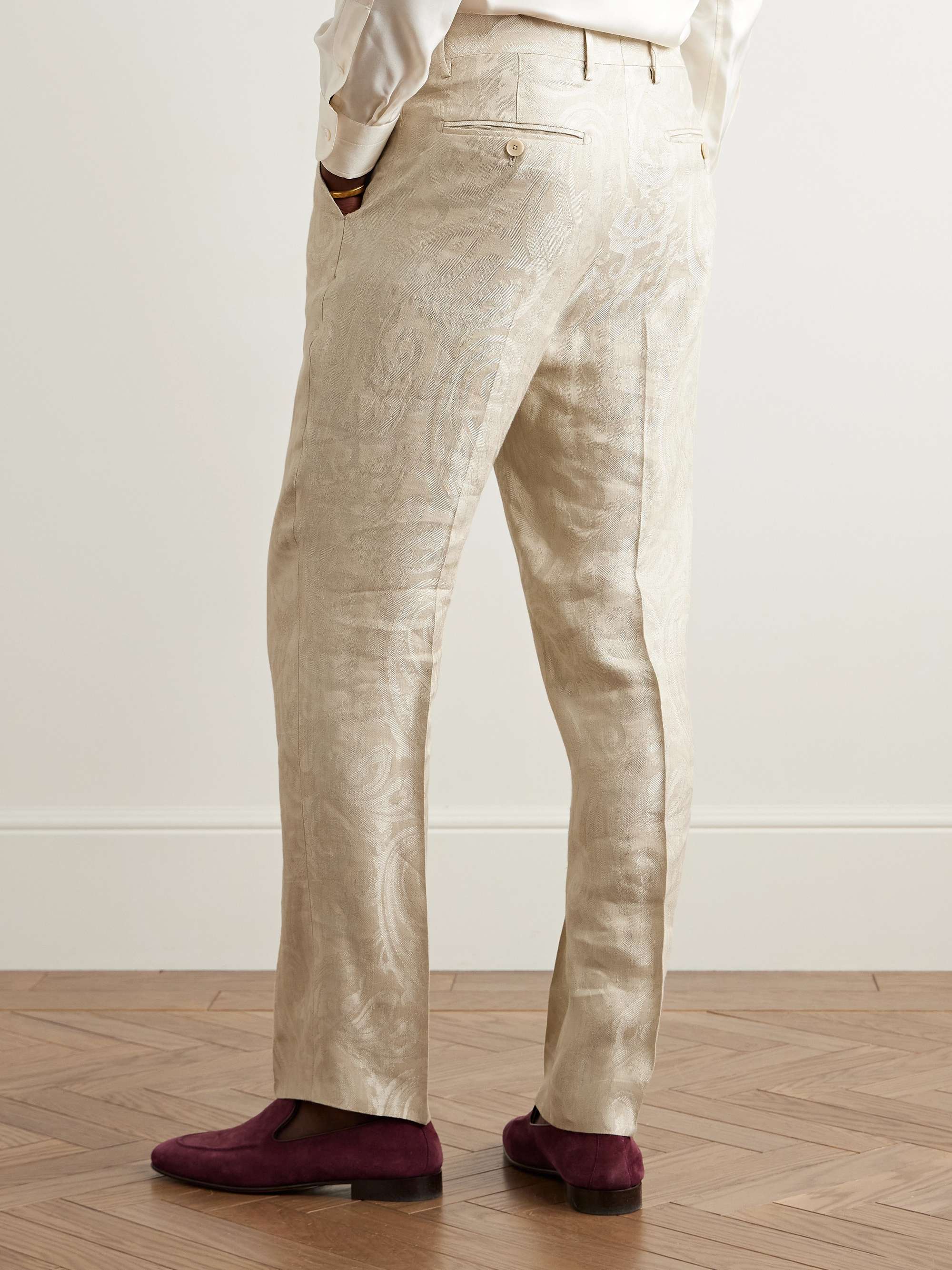 Straight-Leg Pleated Paisley-Jacquard Linen-Blend Suit Trousers view
