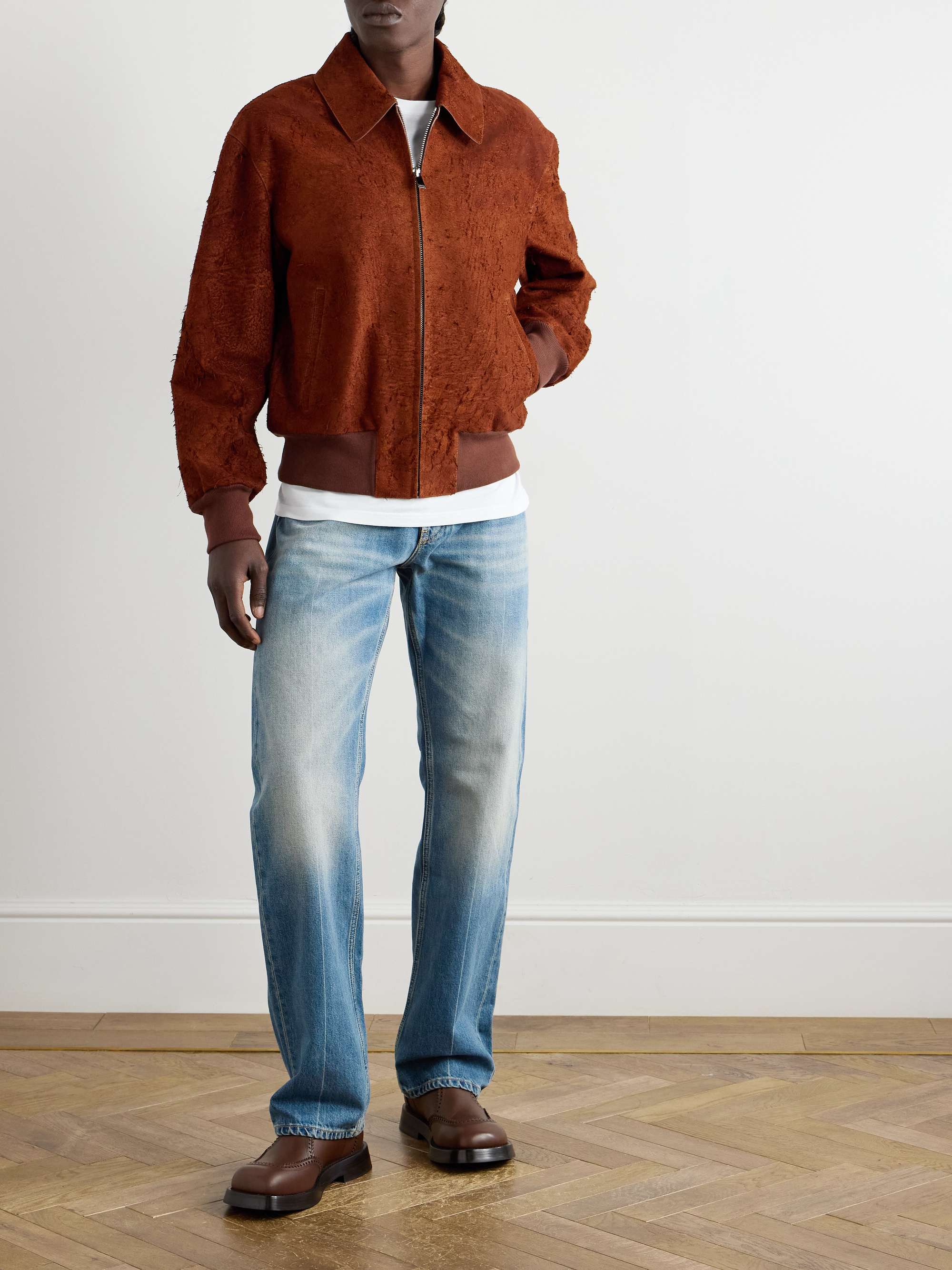 Textured-Suede Bomber Jacket view