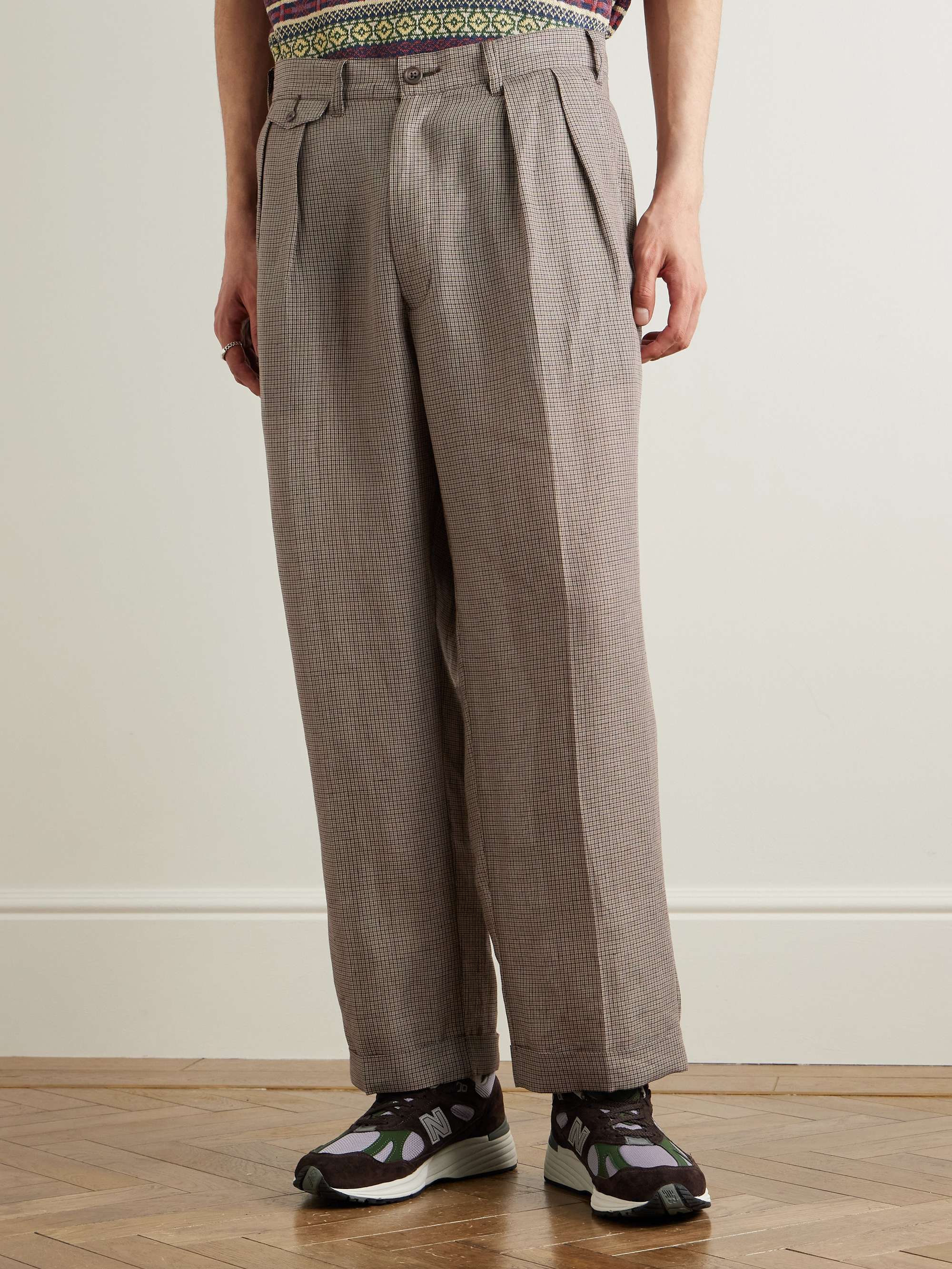 Straight-Leg Pleated Checked Linen and Cotton-Blend Trousers view