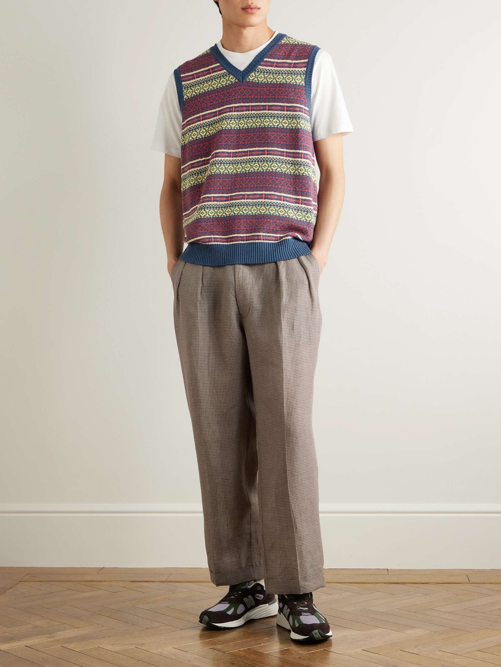 Straight-Leg Pleated Checked Linen and Cotton-Blend Trousers view