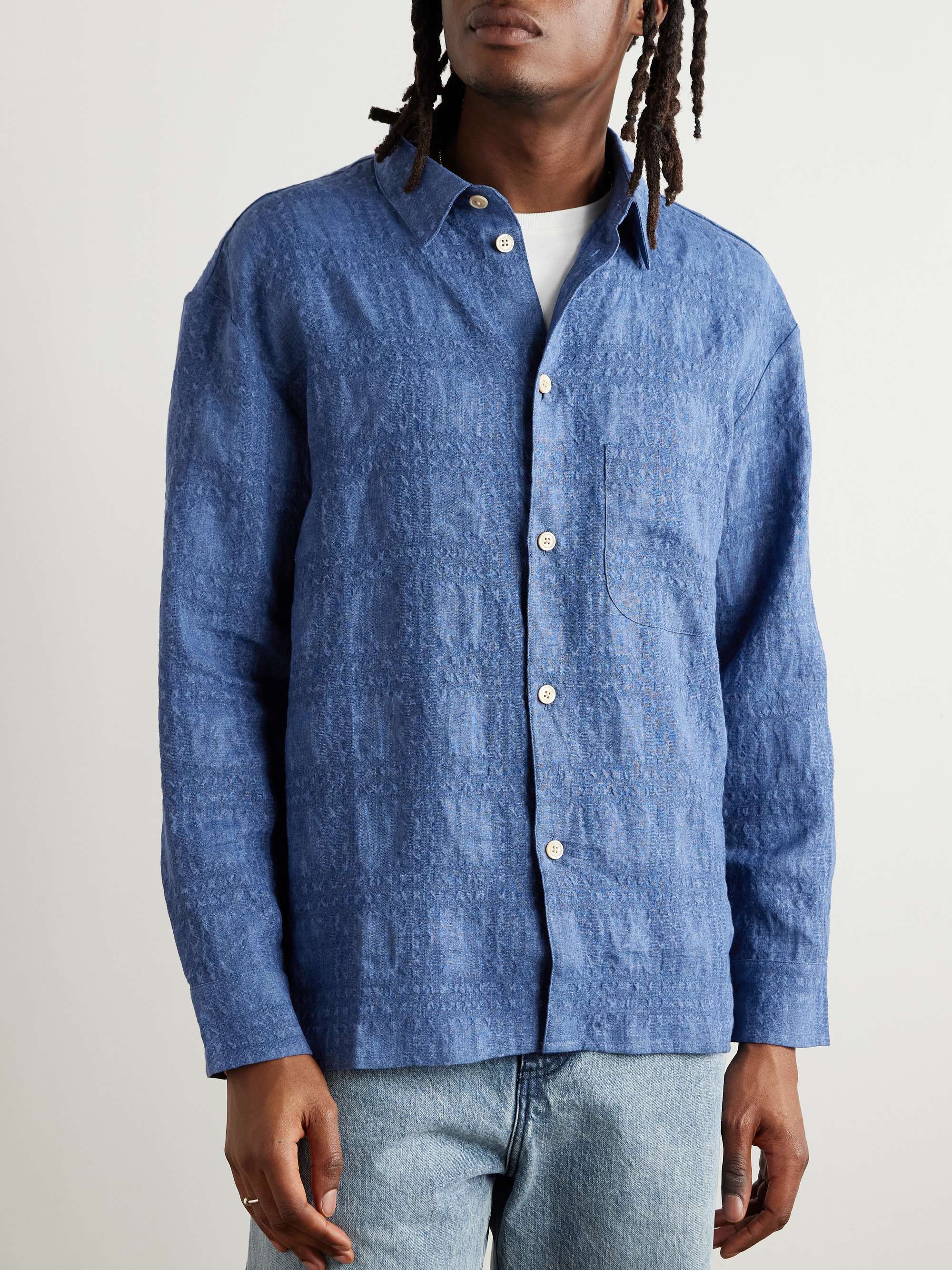 Gusto Checked Linen and Lyocell-Blend Textured-Chambray Shirt view