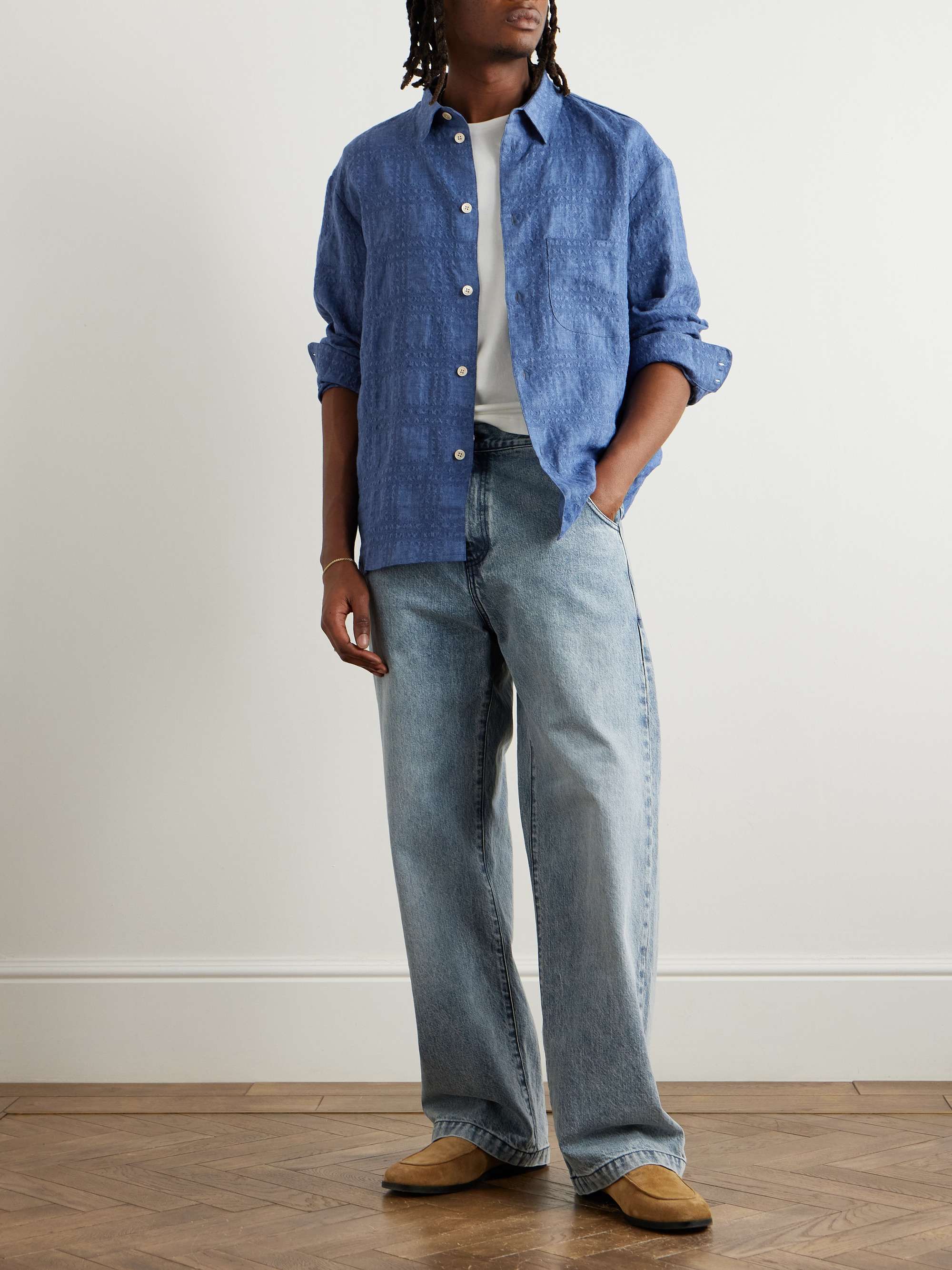 Gusto Checked Linen and Lyocell-Blend Textured-Chambray Shirt view