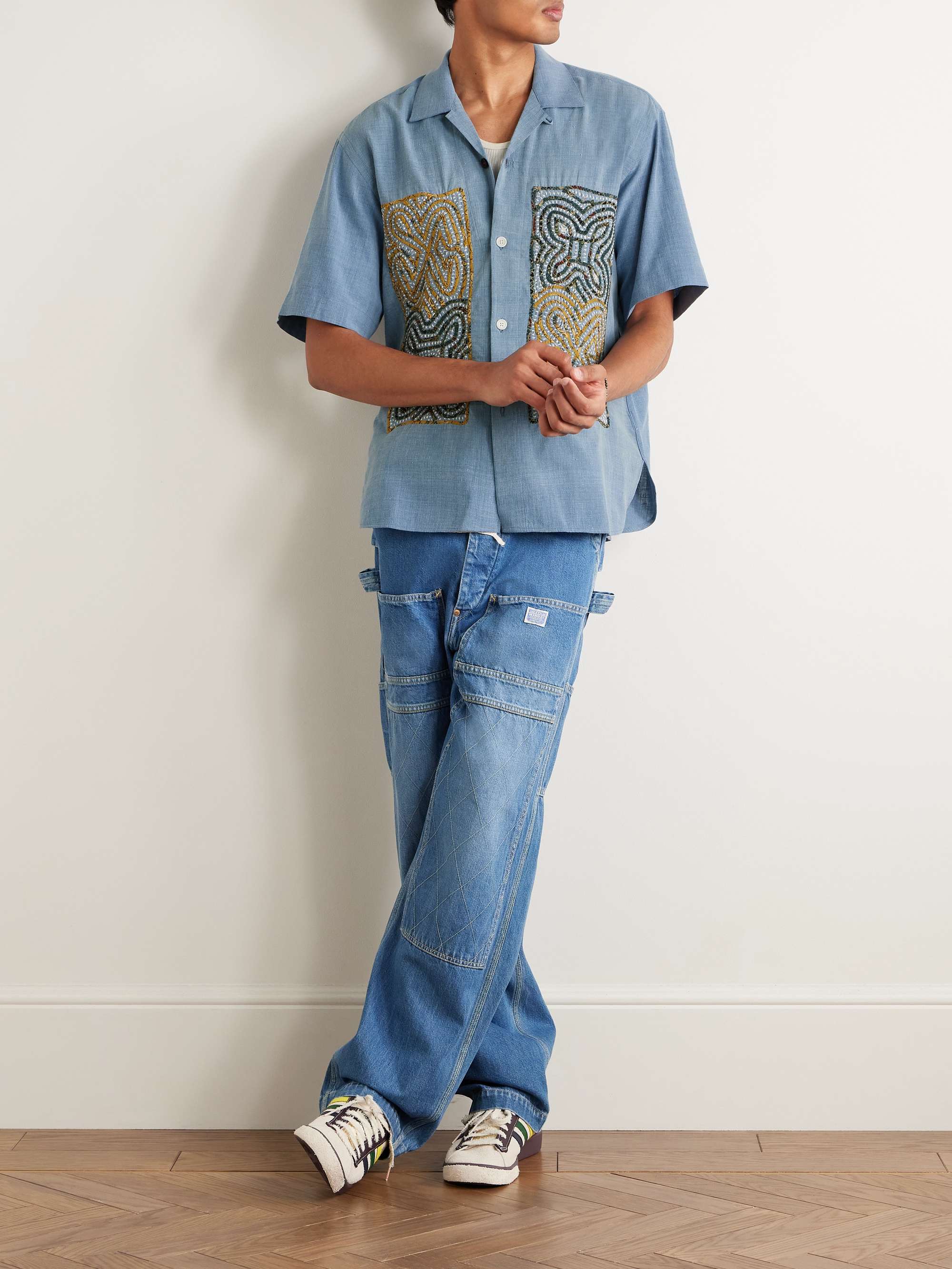 Ronen Convertible-Collar Appliquéd Embroidered Cotton-Khadi Shirt view