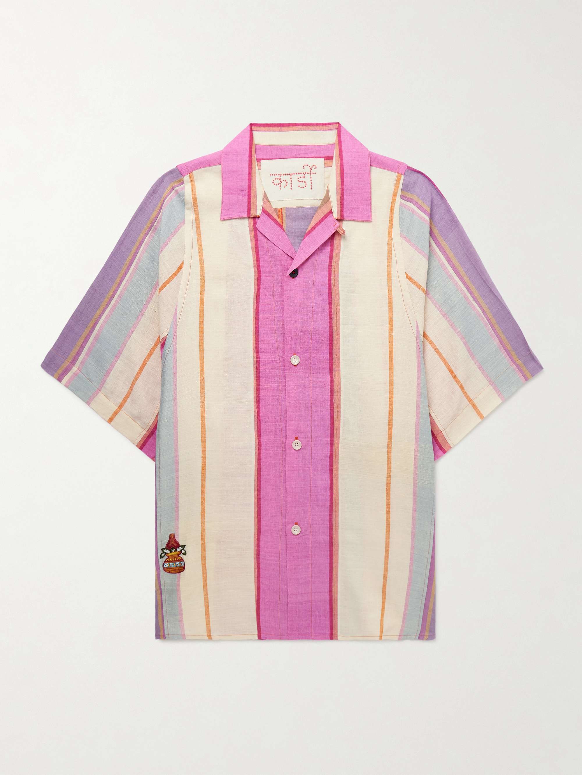 Yusuke Convertible-Collar Embroidered Striped Silk Shirt view