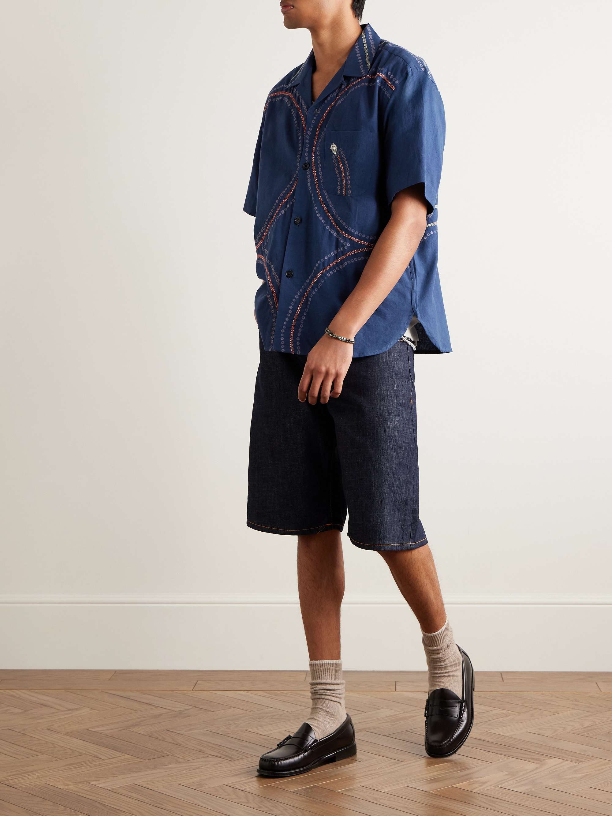 Ronen Convertible-Collar Embroidered Printed Cotton-Khadi Shirt view