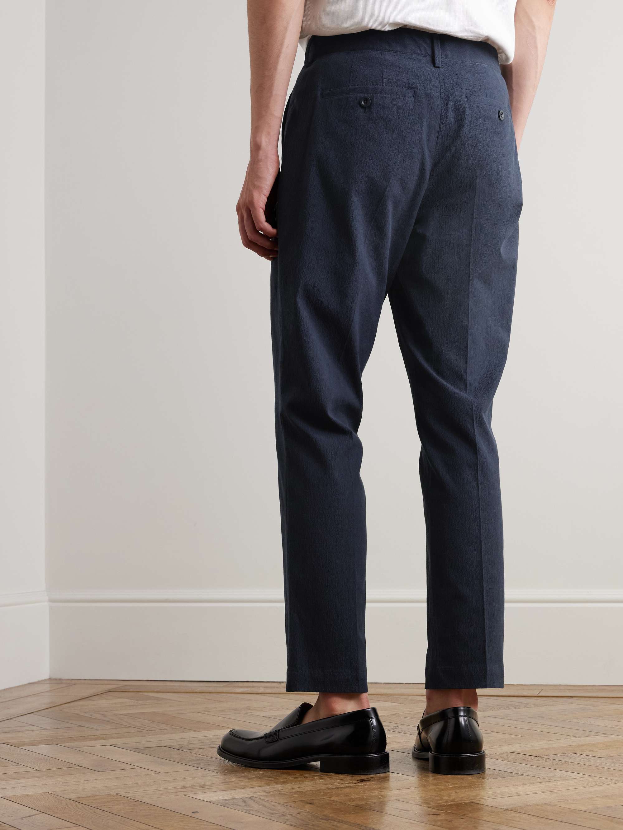 Steve Straight-Leg Pleated Organic Cotton-Blend Seersucker Trousers view