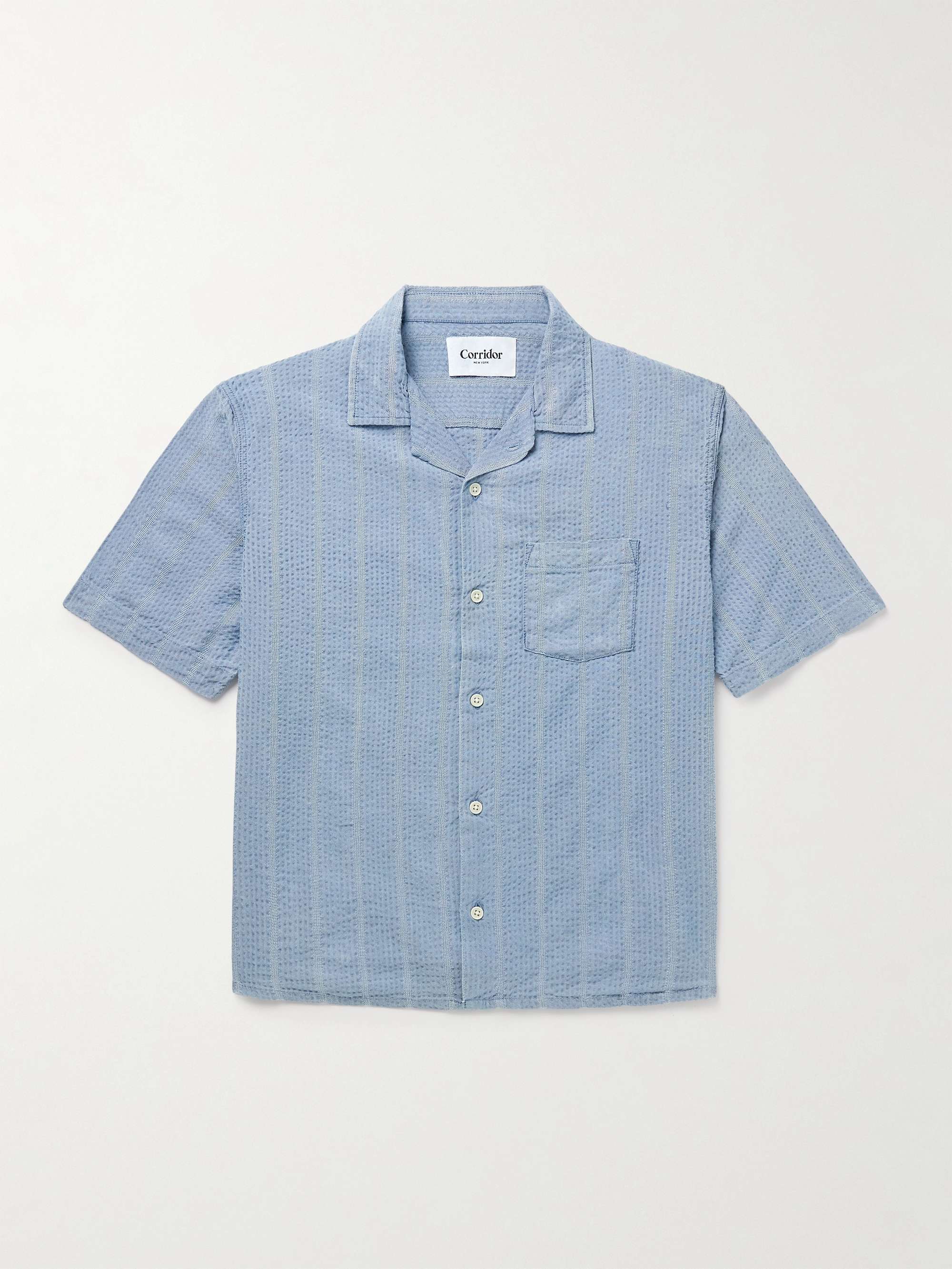 Convertible-Collar Striped Cotton-Seersucker Shirt view