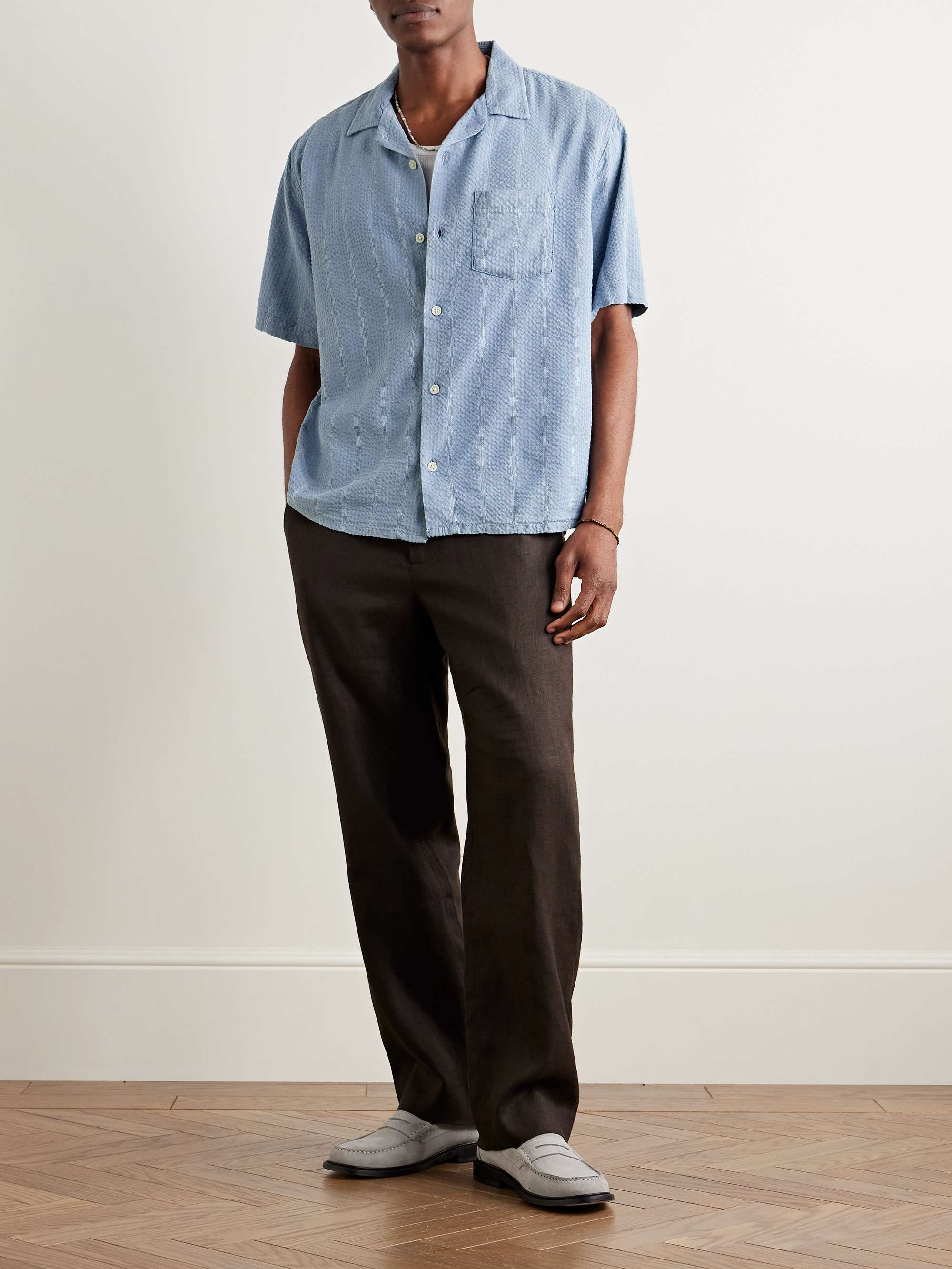 Convertible-Collar Striped Cotton-Seersucker Shirt view
