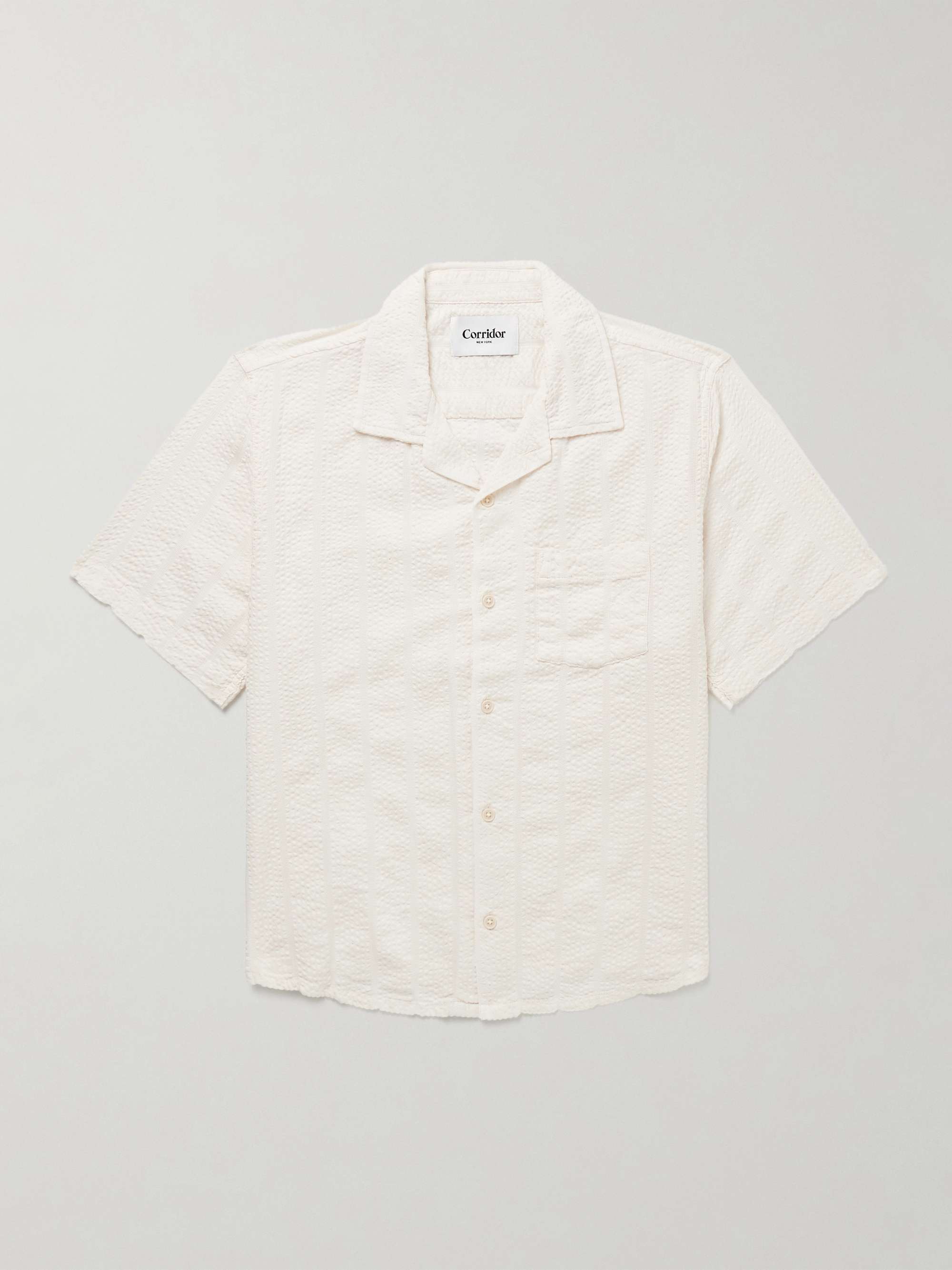 Convertible-Collar Striped Cotton-Blend Seersucker Shirt view