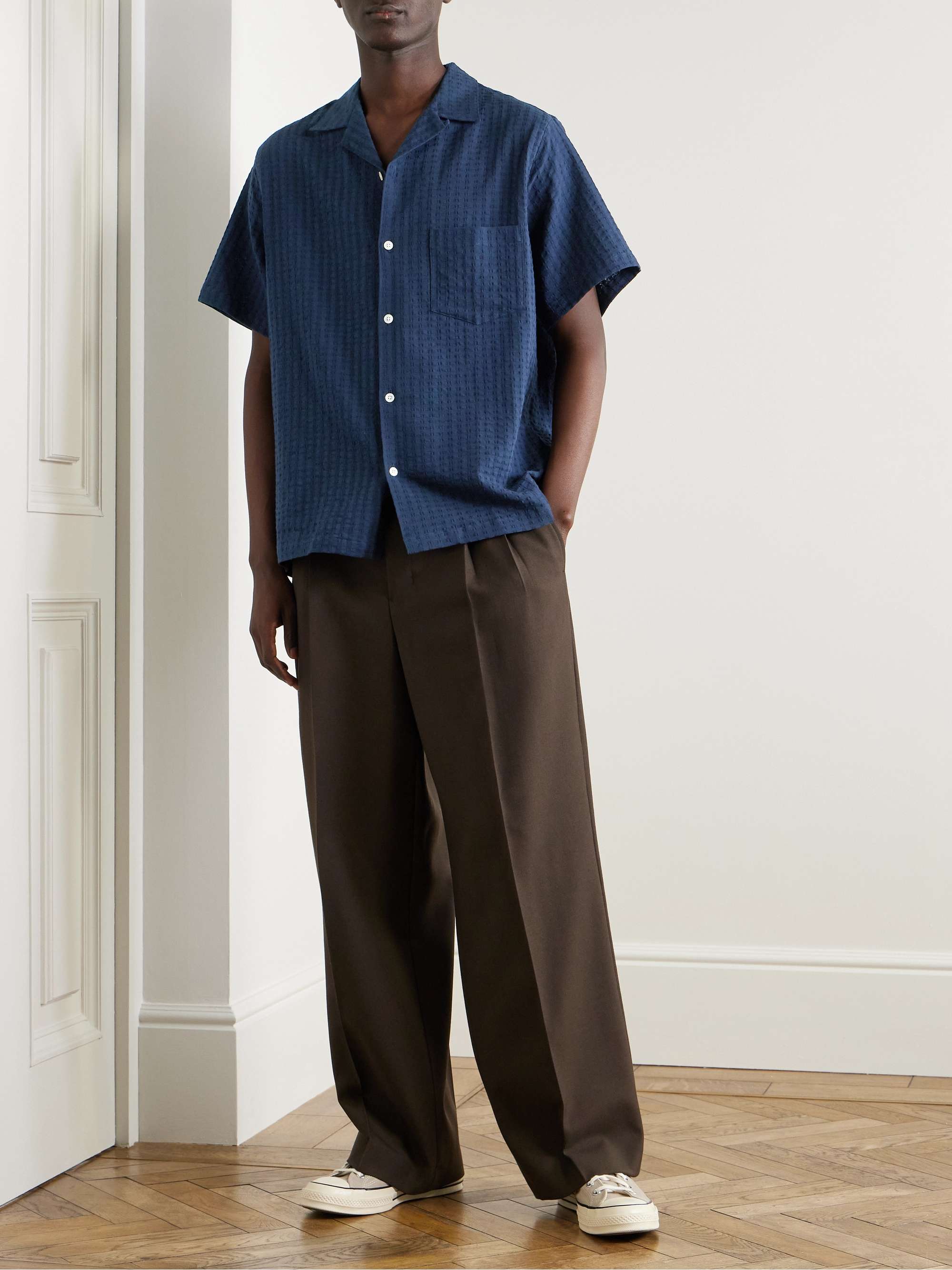 Flamé Convertible-Collar Cotton-Blend Seersucker Shirt view