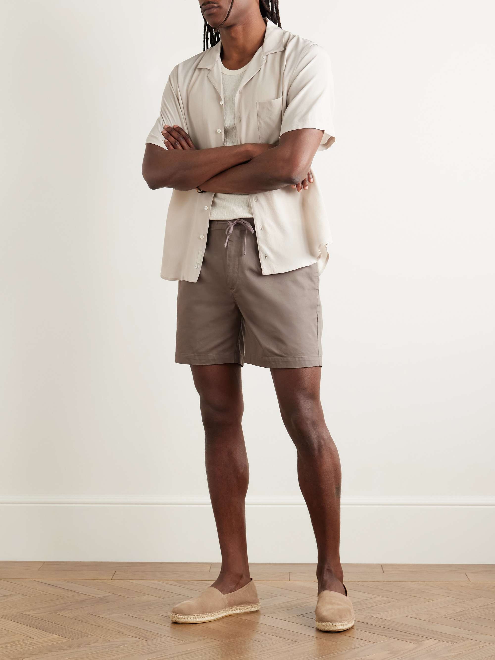 Slim-Fit Straight-Leg Pleated Garment-Dyed Stretch-Cotton Drawstring Shorts view